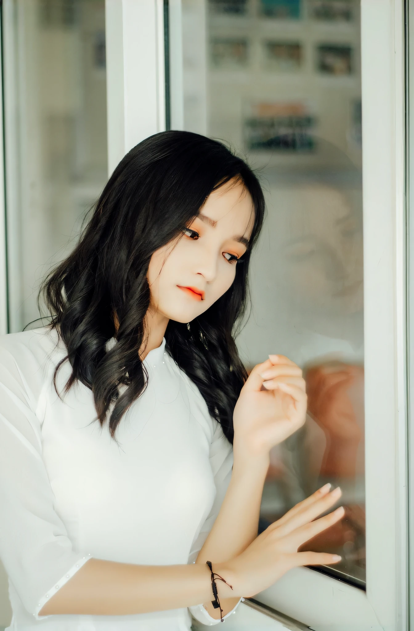 araffe woman in white shirt looking out of window with red lipstick, a young asian woman, korean girl, asian girl with long hair, young asian girl, young asian woman, girl with black hair, an asian woman, chinese girl, korean woman, beautiful young korean woman, ulzzang, asian girl, beautiful south korean woman, xintong chen, asian woman