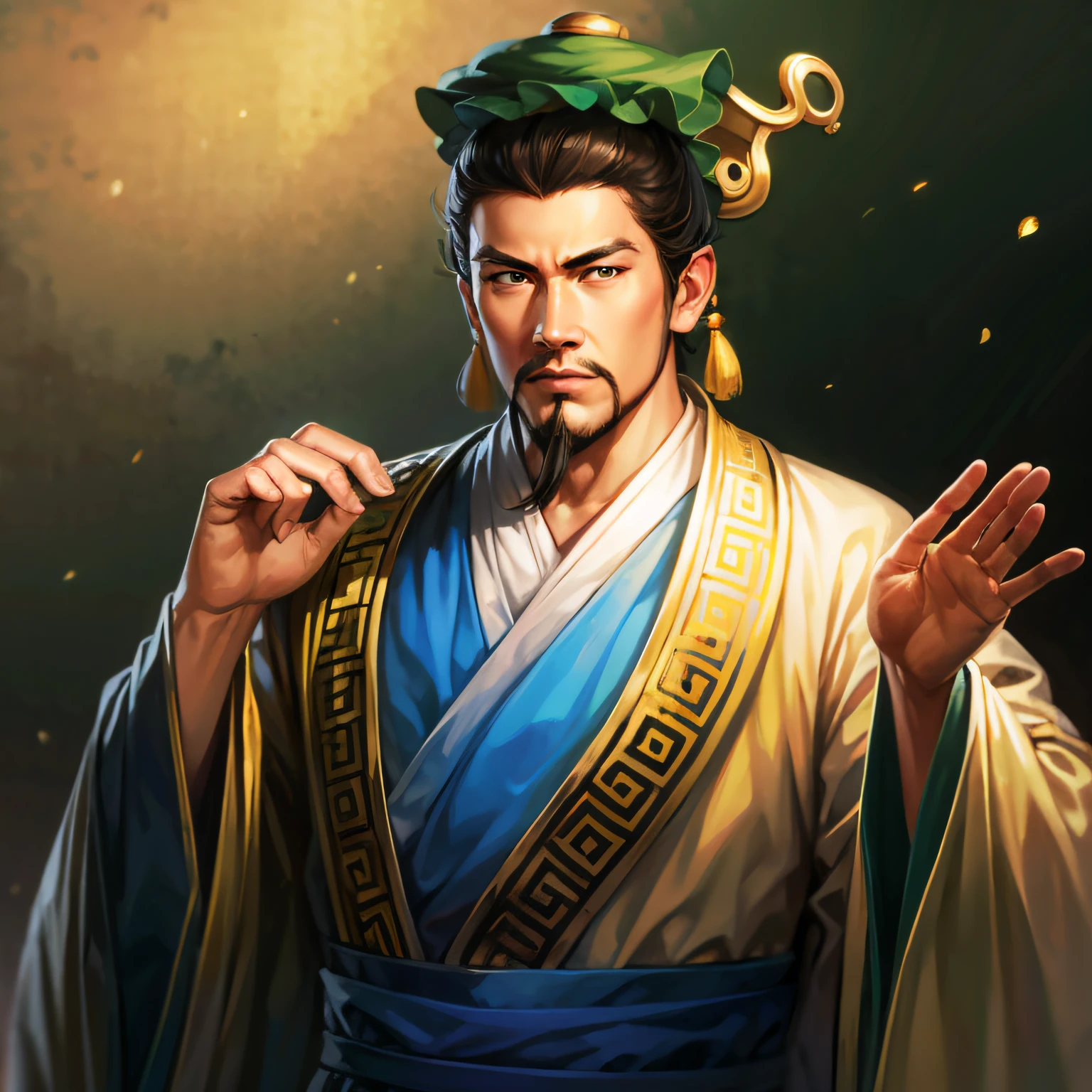 (4k, best quality, highres:1.1), (masterpiece:1.1), man, Chinese male, detailed eyes, looking at viewer, (Chen Daoming:1.6), facial_hair, hanfu, 1boy, beard, male_focus, mustache, chinese_clothes, old, solo, old_man, wide_sleeves, own_hands_together, long_sleeves, topknot, robe, looking_at_viewer, wrinkled_skin,Chinese style,