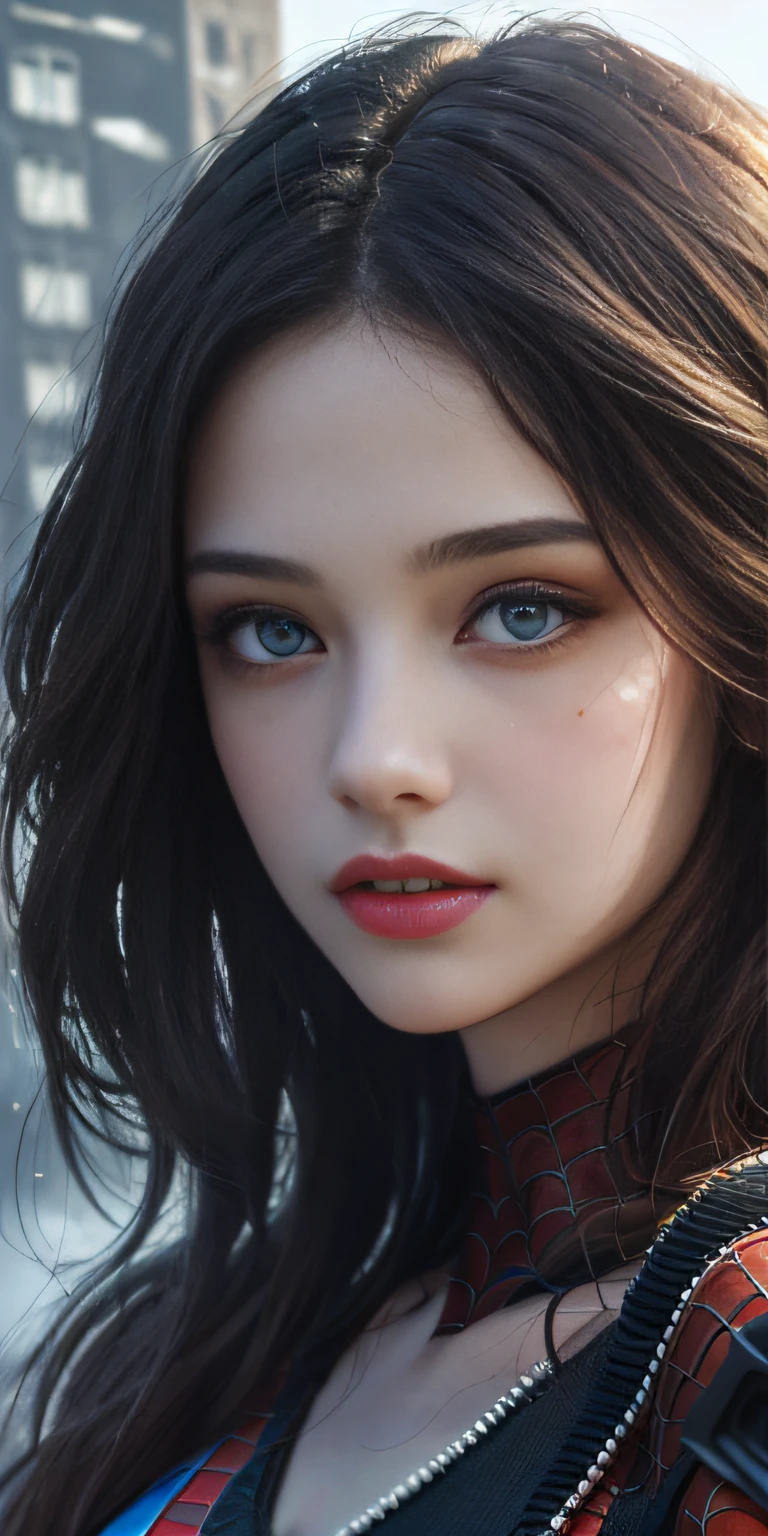 (1girl:1.3), solo, (((extremely detailed face))),(((extremely detailed eyes and face))),beautiful detailed eyes,body-parts__, official art, unified 8k wallpaper, super detailed, beautiful and aesthetic, beautiful, masterpiece, best quality, raw, masterpiece, super fine photo, best quality, super high resolution, photorealistic realism, sunlight, full body portrait, amazing beauty,, dynamic pose, delicate face, vibrant eyes, (from the front), she is wearing a Spider-man suit, red and black color scheme, spider, very detailed abandoned warehouse background, Detailed face, detailed complex busy background, messy, gorgeous, milky white, highly detailed skin, realistic skin details, visible pores, sharp focus, volumetric fog, 8k uhd, DSLR, high quality, film grain, fair skin, photo realism, lomography, huge metropolis in future dystopia, seen from below, translucent