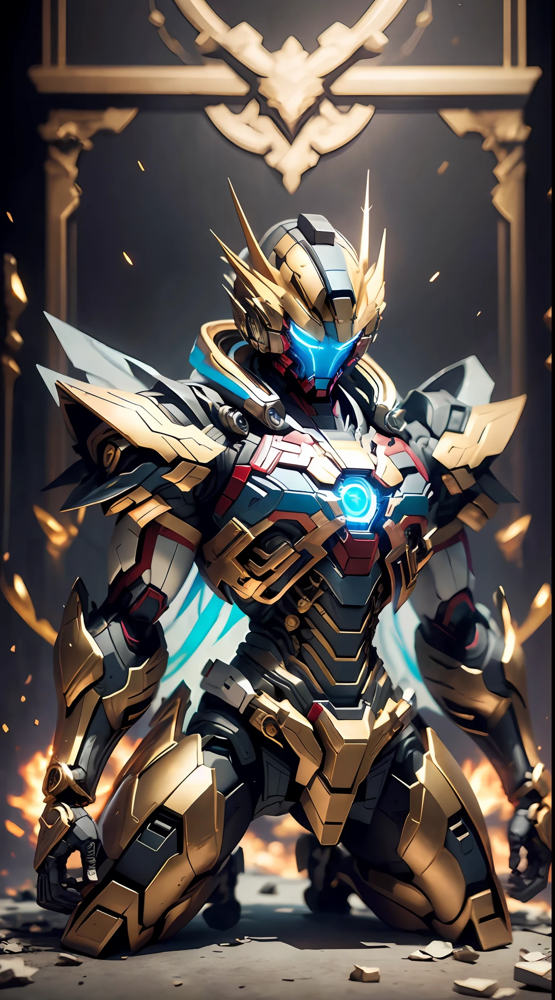 Golden Saint Seiya Limb Armor, Marvel Movie Iron Man Cuirass, (Gundam 00 Gundam Exia: 1.5), (Mecha) (Mechanical) (Armor), (Open leg: 1.3), Perfect, (Wide Angle), (Black Background: 1.6), Best Quality, Masterpiece, Super Resolution, (Reality: 1.4), 1boy, Broad Shoulders, Cold Eyes, Crazy Details, (Hip Folds: 1.2), Lower Chest, Hands Crossed at the Waist, Unrealistic Engine Style, Boca Effect, David S. La Chapelle style lens, bioluminescent palette: light blue, light gold, bright white, wide angle, ultra-fine, cinematic still life, vibrant, Sakimichan style, perfect eyes, highest image quality 8K, inspired by Harry Winston, Canon EOS R 6 shooting masterpiece "Chaos 50,--, under eye mole, ray tracing, surrealism, textured skin, metallic sheen, facing the viewer