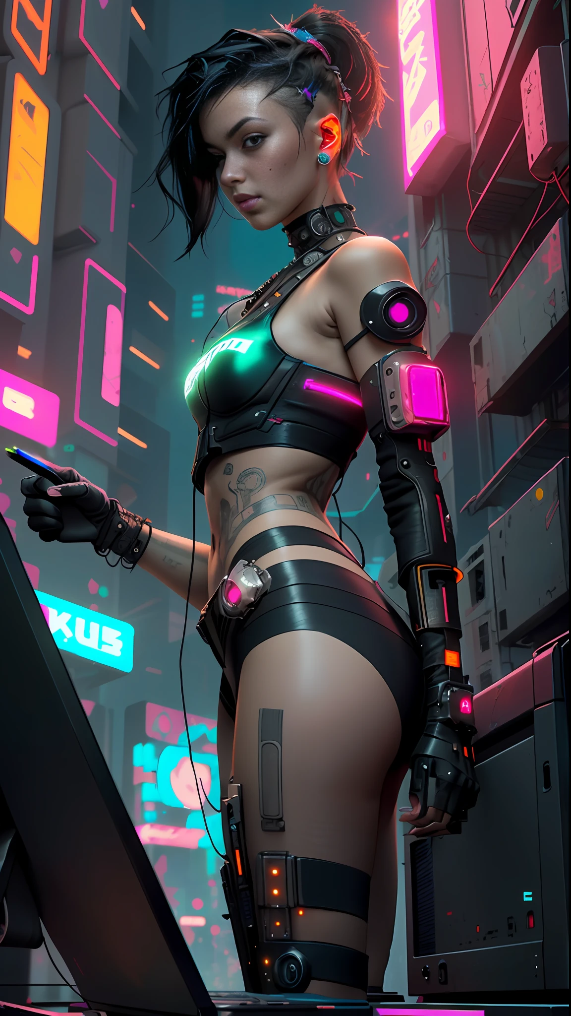 ((Best quality)), ((masterpiece)), (highly detailed:1.3), 3D, beautiful (cyberpunk:1.3) hacker woman with straight black hair operating a computer terminal, nsfw