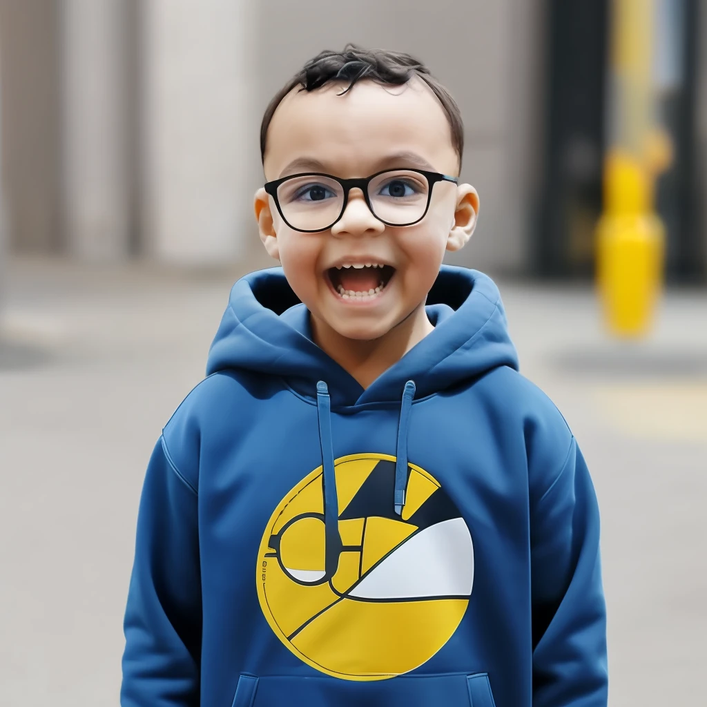 guttonerdvision4, 3 year old boy, 1boy, short, outdoor, brown eyes, glasses, brown hair, military cut, best quality, day, masterpiece, colorful, hoodie, streets, full body, shorts, looking at the viewer