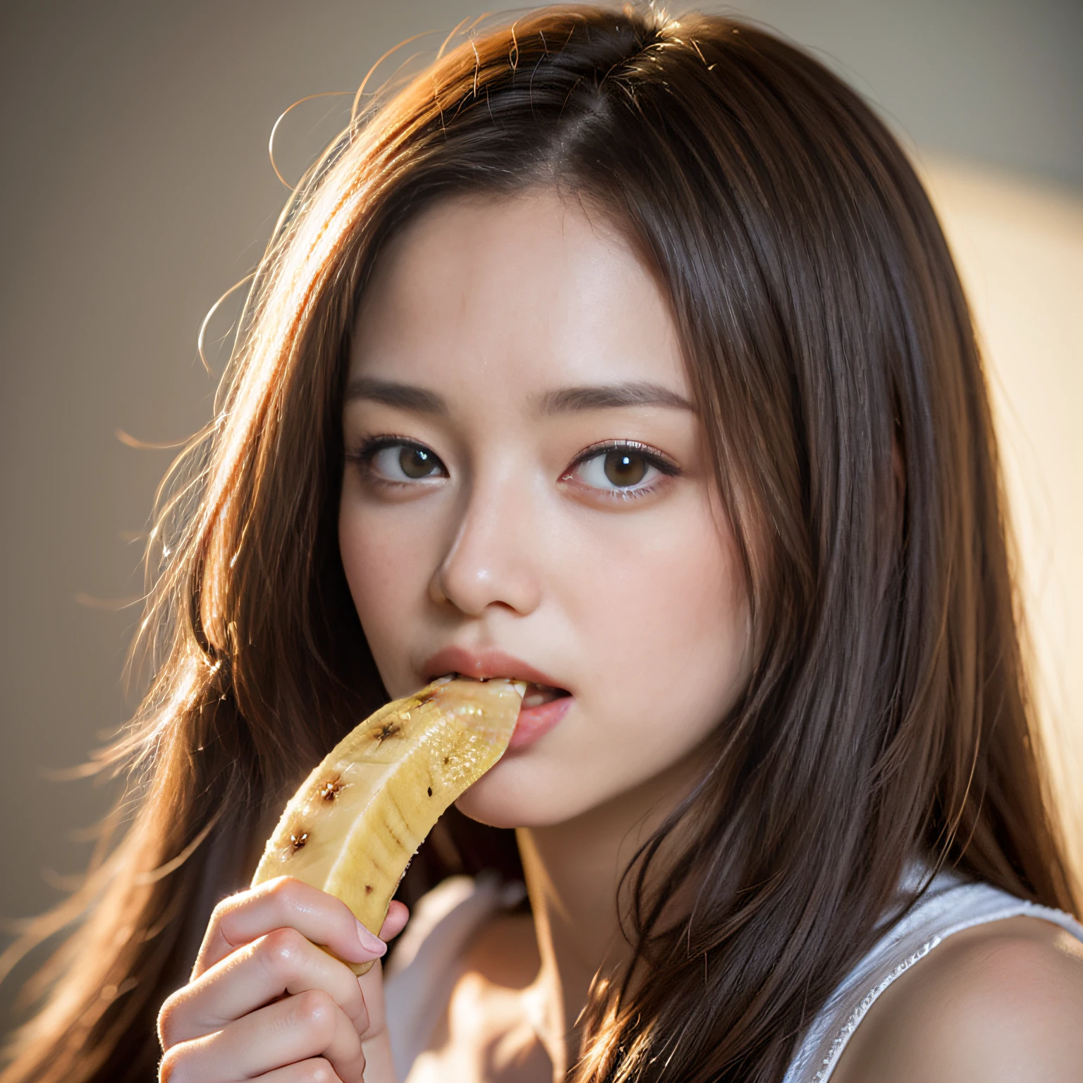 (Suck a banana, 8k, top quality, super high resolution, masterpiece, (photorealistic photo: 1.8), longhair