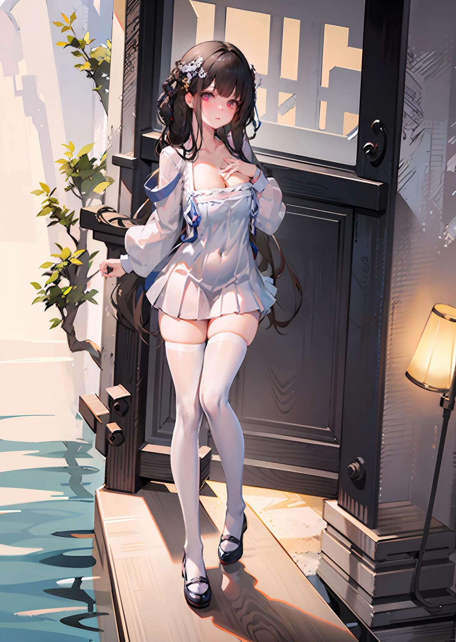 best quality,masterpiece,illustration,an extremely detailed and beautiful,extremely detailed,CG,unity,8k wallpaper,Amazing,finely detail,master,best quality,official art,extremely detailed CG unity 8k wallpaper,absurd,unbelievable Ridiculous, huge file size, super detailed, high resolution, very detailed, beautiful detailed girl, very detailed eyes and face, beautiful detailed eyes, face light, (Hanbok: 1.1), 1girl, full body, full body ,shot,,masterpiece,1girl, solo, brunette, white skirt, cleavage, white stockings, lake, wet