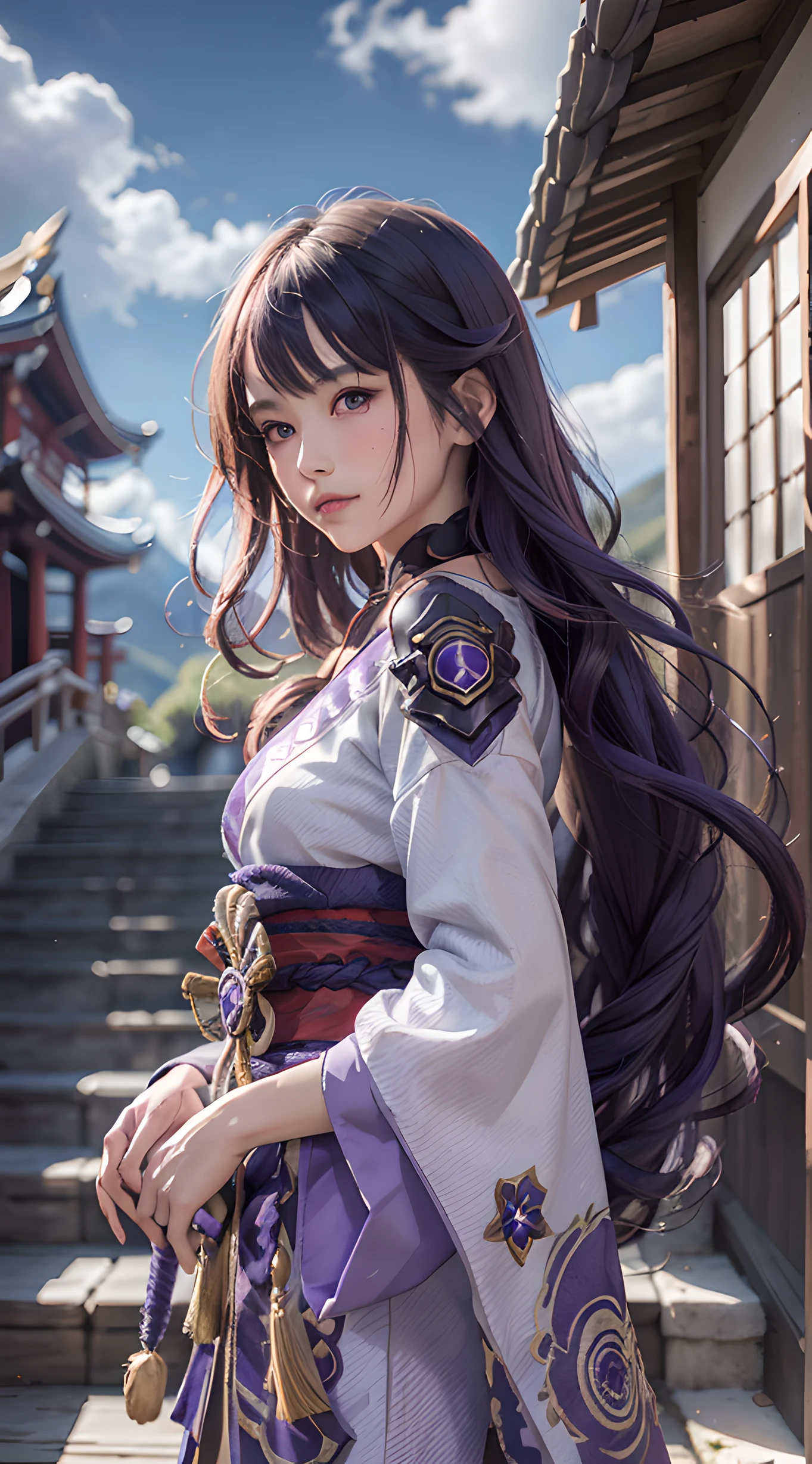raidenshogundef, upper body, high cold, cold, blushing, holding purple transparent longsword, glowing longsword, outdoor, daytime, simple background, blue sky, purple long hair, sky, temple, looking at the audience, stairs, mountains, moody lights, facing the audience,