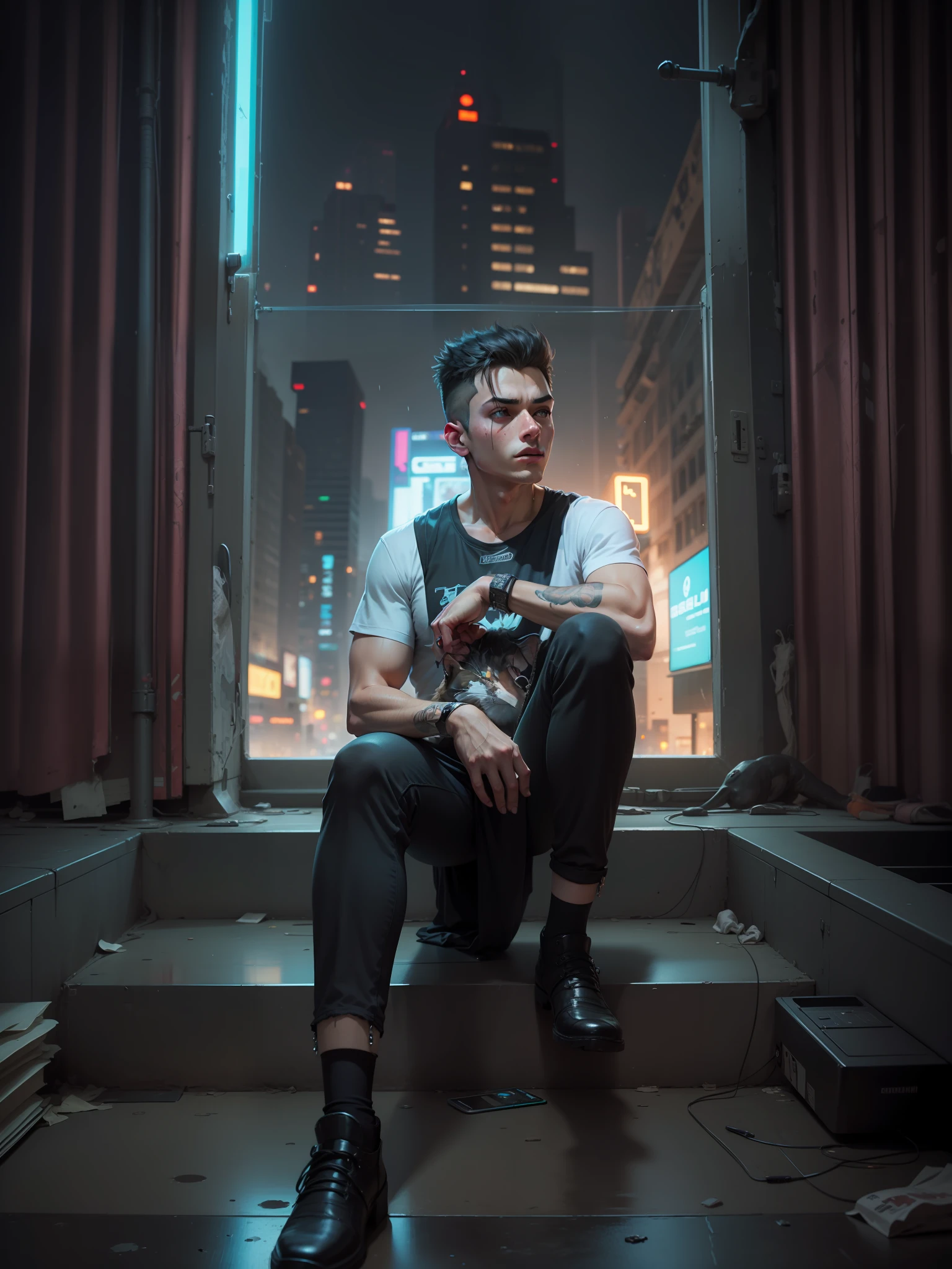 Make cyberpunk young boy with big cat