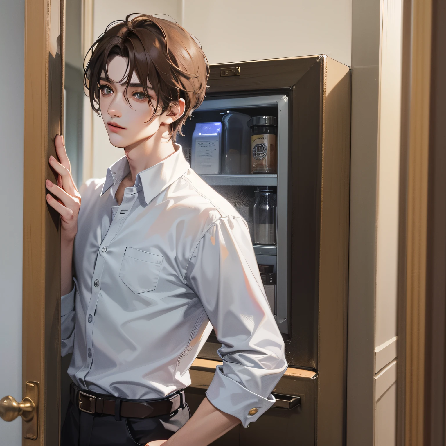(High resolution, distinct_image) superb man, masterpiece, high detail, semi-realistic, standing in front of luxury indoor refrigerator, brown short hair man, brown hair, short hair, medium distribution, 18 years old, young, tall and robust, black and white clothes, gray and blue clothes, student, college, interior background, dashing, natural, handsome, authoritarian, powerful aura, exquisite facial features, facial details, single