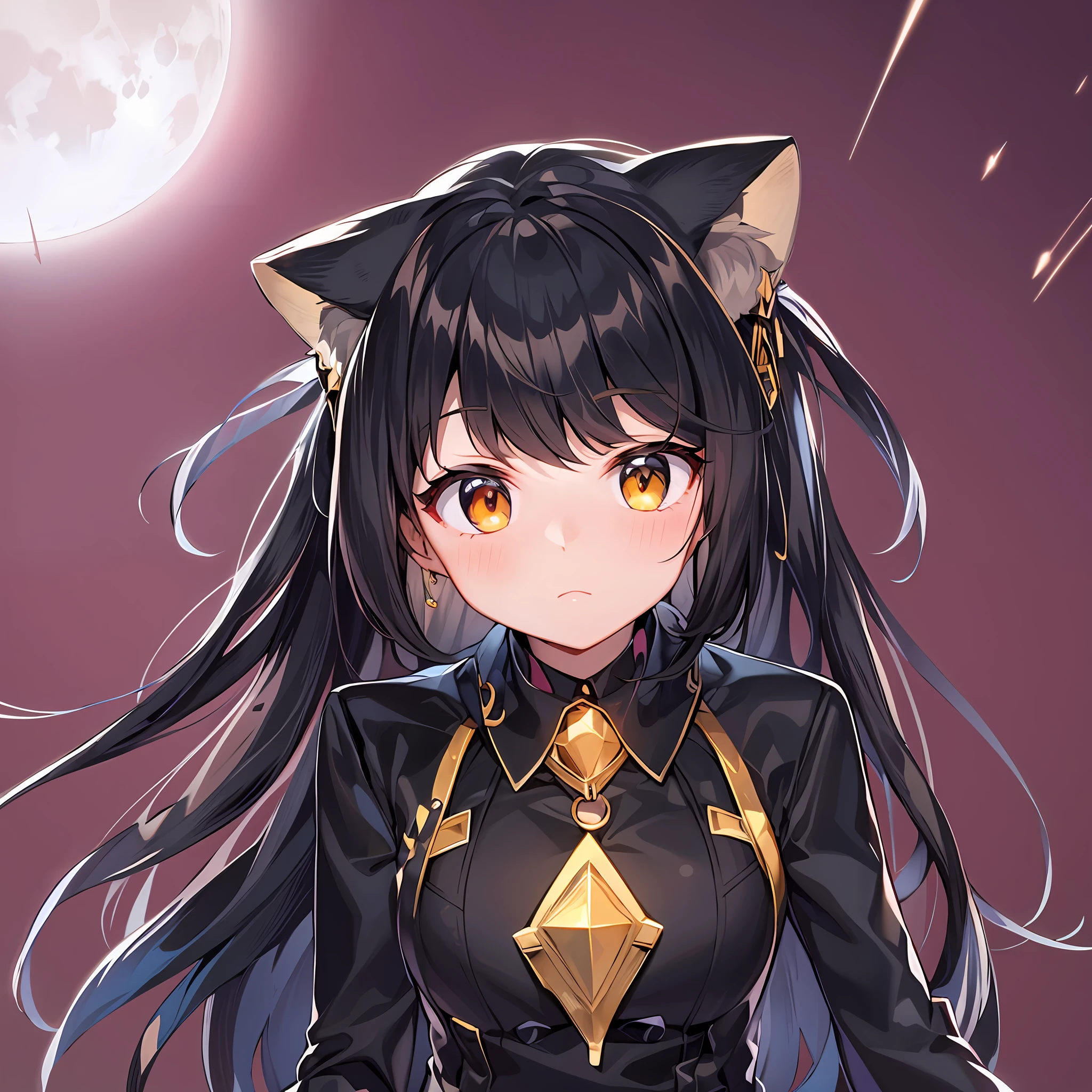 Black hair, space backdrop, fox ears, fox girl, , golden eyes, big moon