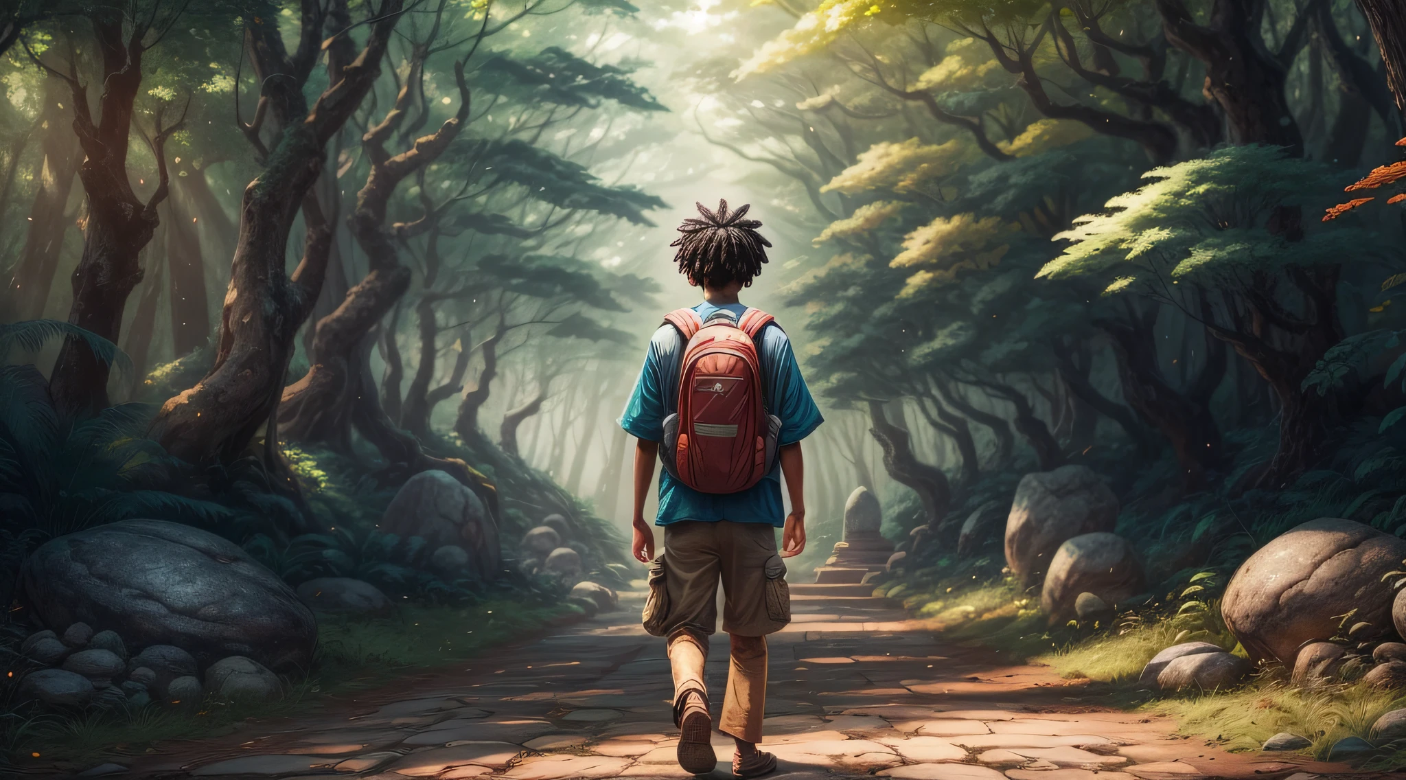 Create an image with the following scene: In the foreground show a young explorer boy with black hair, backpack on his back and a large stone in his hands. in the background trees of a forest" Please bring this scene to life and ensure that all the main characters described in the scene appear in the image and maintain the oriental Zen touch in the overall aesthetic.