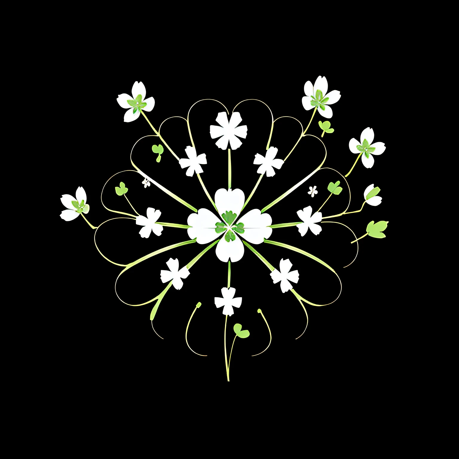 ((White Clover)) ((5 sheets)) with black background, elegant and minimalist style, using only the colors white (#FFFFFF) and black (#000000), creative and striking.