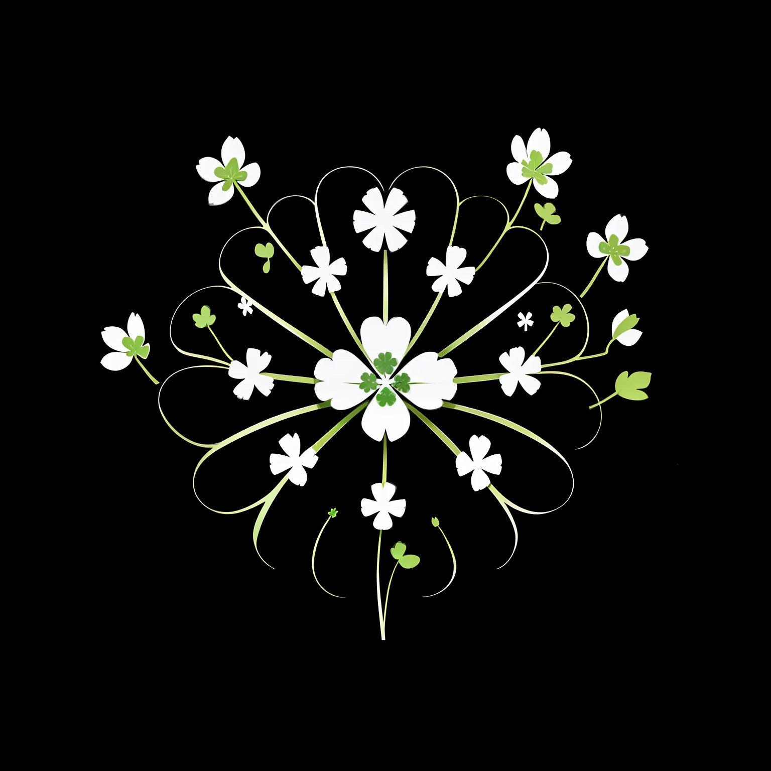 ((White Clover)) ((5 sheets)) with black background, elegant and minimalist style, using only the colors white (#FFFFFF) and black (#000000), creative and striking.