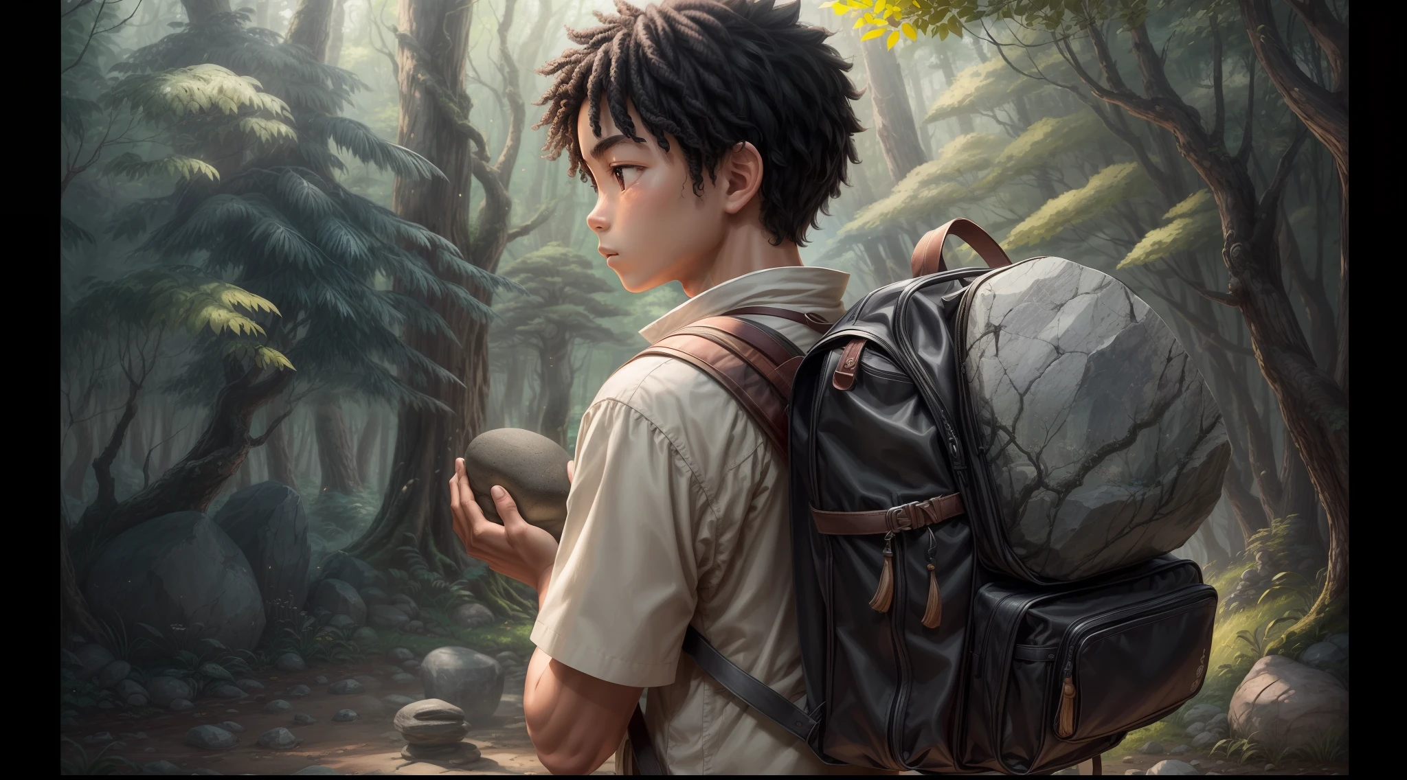 Create an image with the following scene: In the foreground show a young explorer boy with black hair, backpack on his back and a large stone in his hands. in the background trees of a forest" Please bring this scene to life and ensure that all the main characters described in the scene appear in the image and maintain the oriental Zen touch in the overall aesthetic.