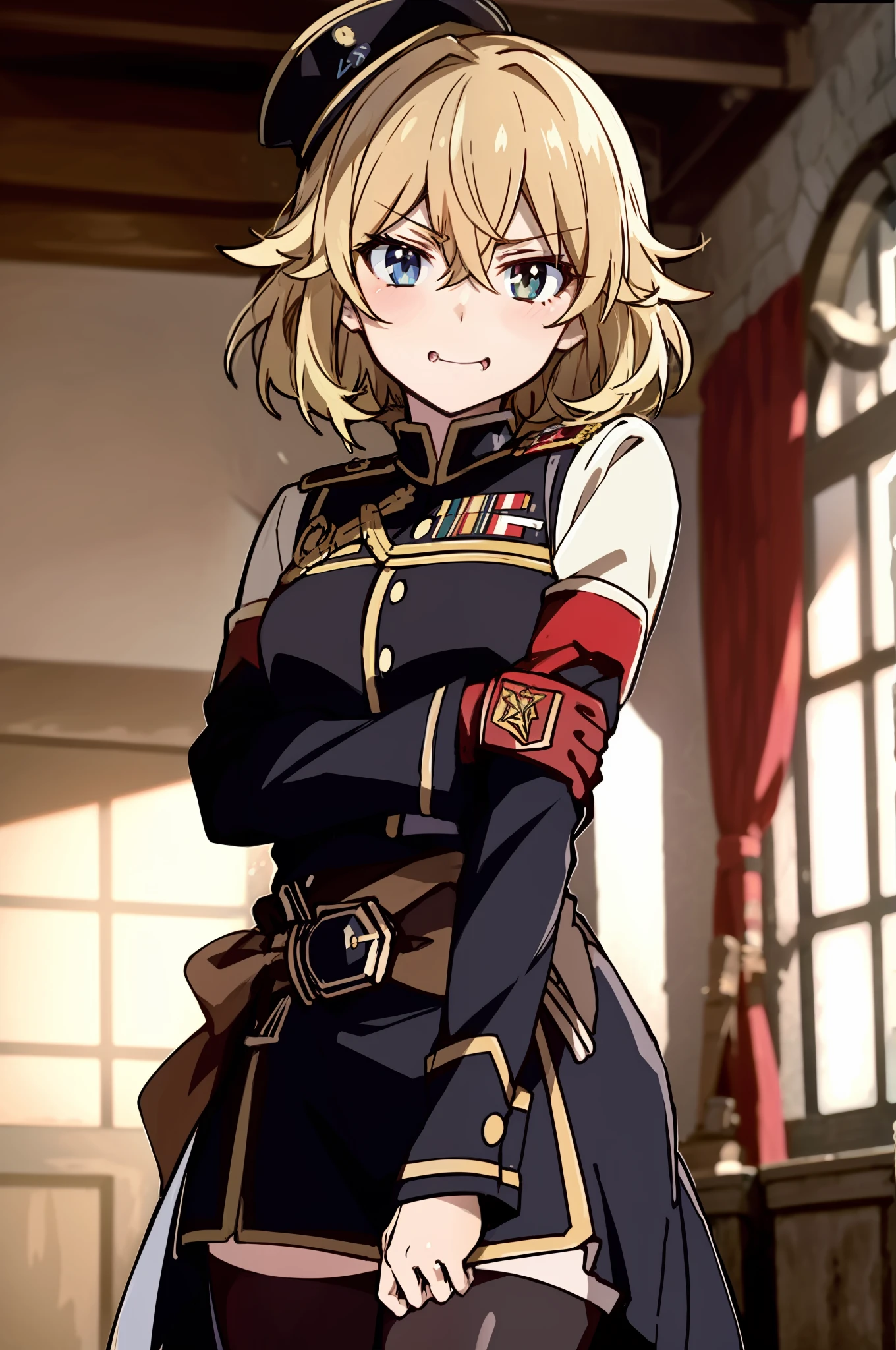 1 woman, solo, tanya degurechaff, anime, tanya the evil, USSR UNIFORM, Crazy face, evil face