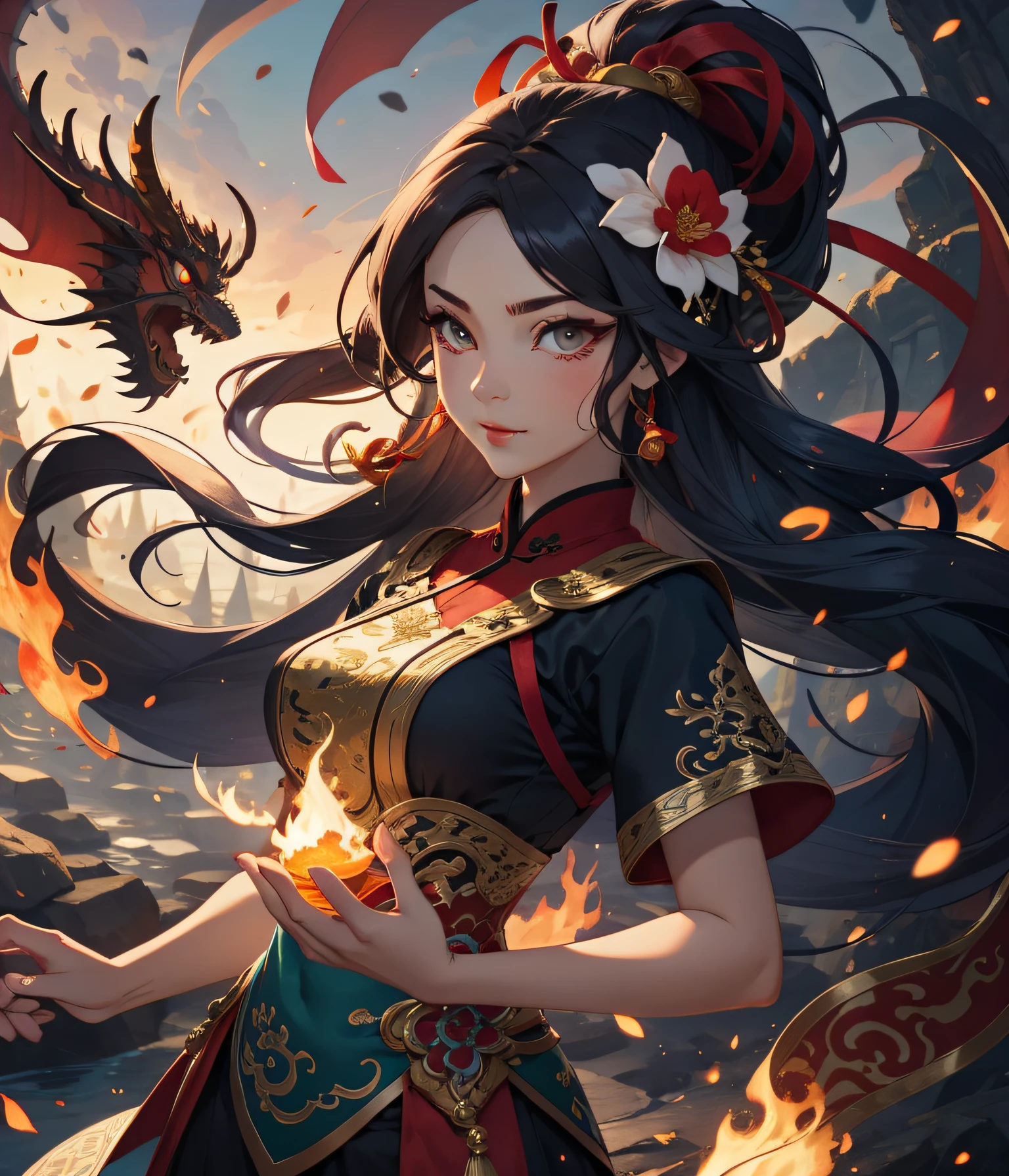 1girl, liuyun, fire ball, long hair, floating hair, hair flower, eastern dragon, red and white, upper body, looking at viewer,