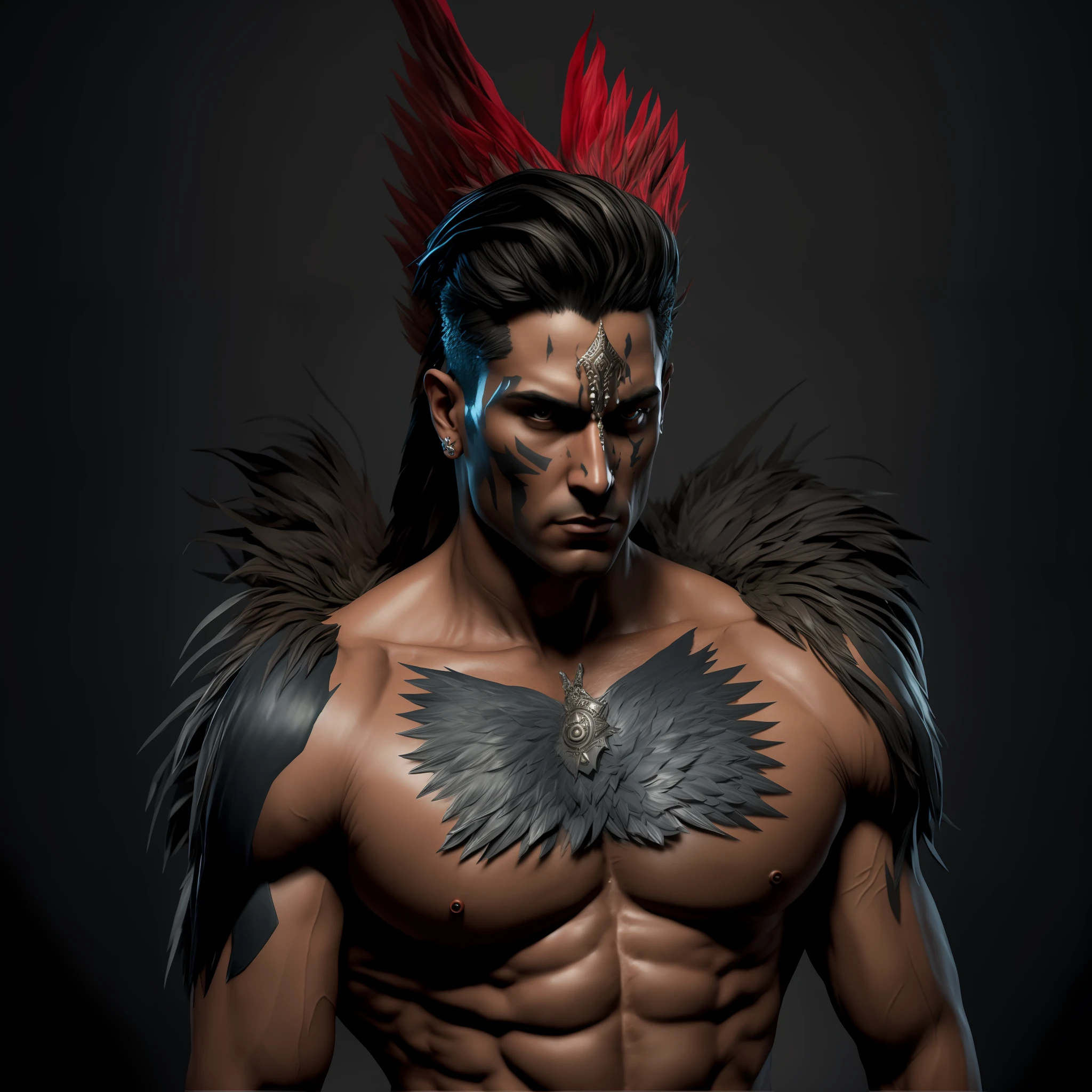 arafed male with a mohawk and feathered hair posing for a picture, arnold maya render, hyperdetailed fantasy character, fantasy character octane render, arnold and zbrush, unreal engine character art, featured on zbrush central, 3 d render character art 8 k, digital fantasy character, cinematic bust shot, zbrush central contest winner, fantasy male portrait