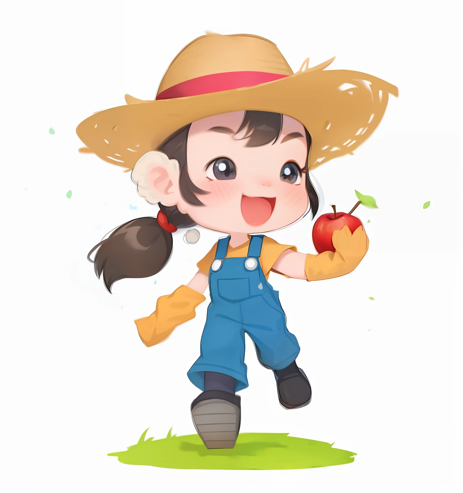 Cartoon girl holding apple in straw hat, farmer, wearing farm uniform, cute cartoon character, high quality character design, Chiba Xiongda, by Yang Bolun, wearing straw hat and overalls, cute character, 2d, 2d, inspired by Bian Shoumin, cute woman, telegram sticker,