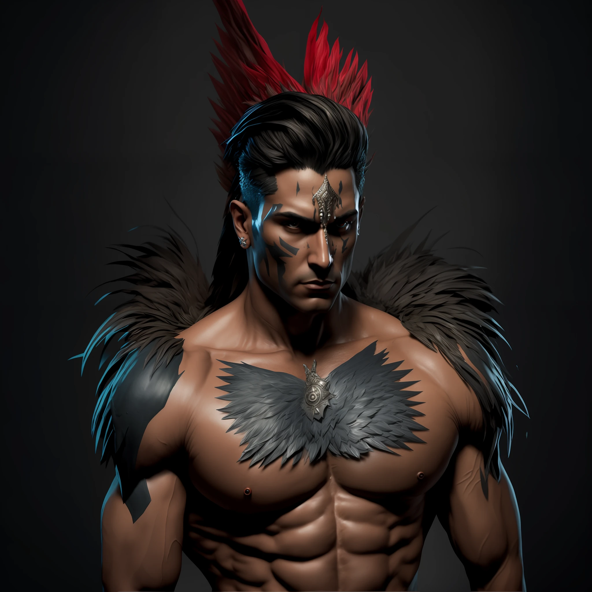 arafed male with a mohawk and feathered hair posing for a picture, arnold maya render, hyperdetailed fantasy character, fantasy character octane render, arnold and zbrush, unreal engine character art, featured on zbrush central, 3 d render character art 8 k, digital fantasy character, cinematic bust shot, zbrush central contest winner, fantasy male portrait