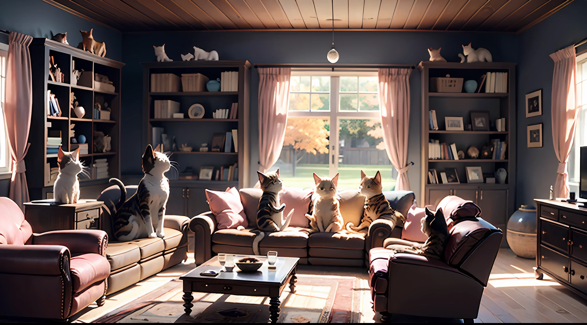 Five cats playing in the living room, detailed background: 1.5, (background with vases, windows, bookshelves, hammocks, recliners, ceiling fans), there is a ager resting on the recliner, the teen has a big fan in his hand, the teenagerdressed all over the summer, holding a cat stick to tease the cat
