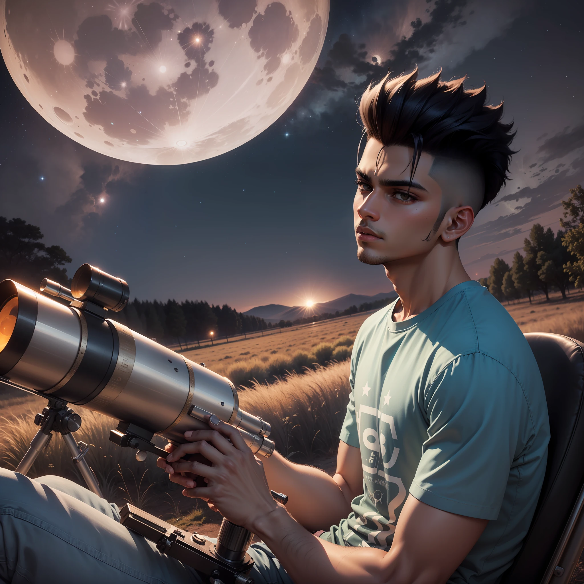 (dramatic illumination, dynamic angle, intense color contrast), (thin young indian man with short straight black mohawk, dimples, brown skin and brown eyes: 1.2), (night, outdoors in a field, with a telescope: 1.2), (wearing blue T-shirt with atomic graphic, jeans: 1.1) (large moon and stars and milky way in background: 1.2)]