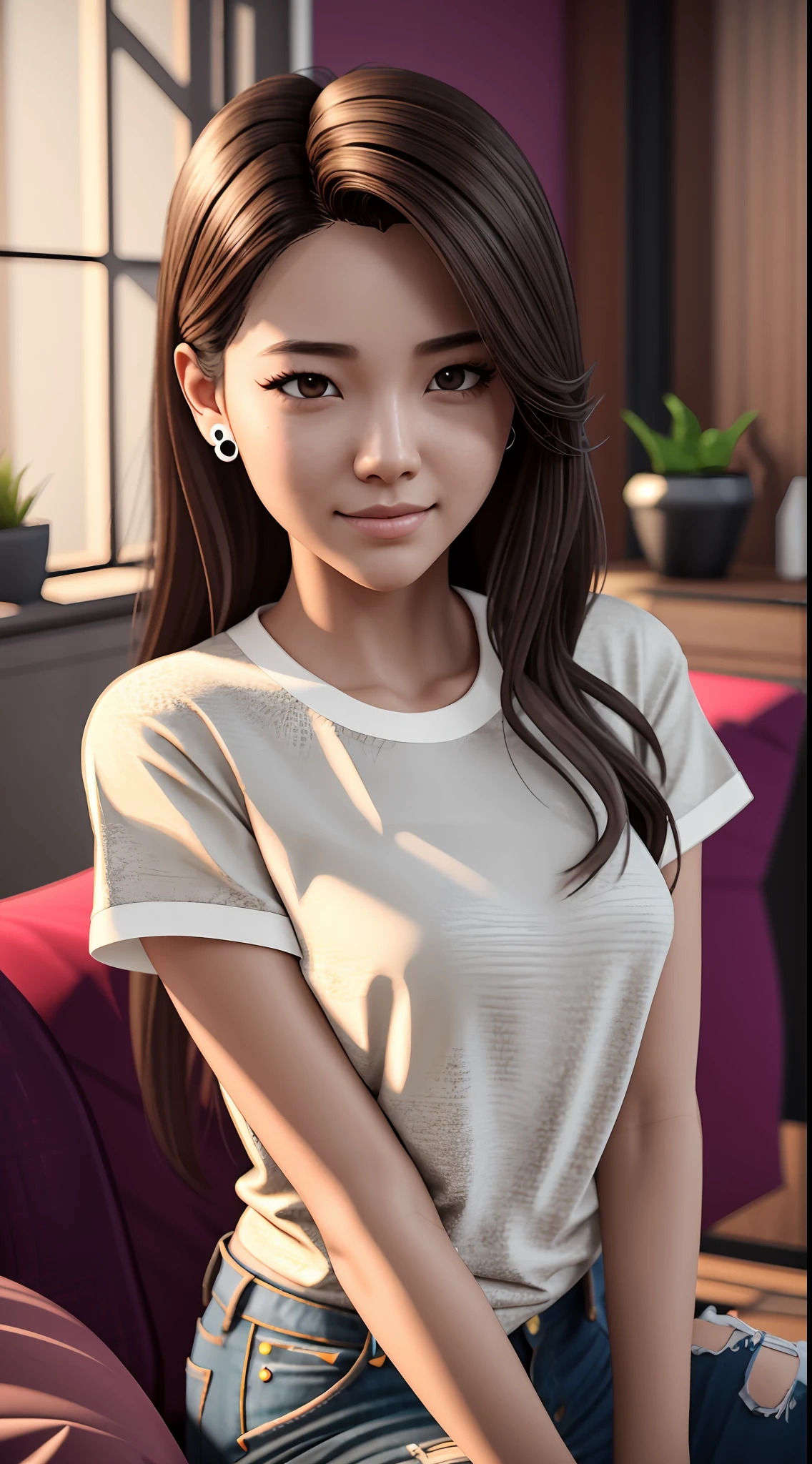 [25-year-old female],[face: round], [eyes: almond eye shape, brown color, thick and curved eyebrow shape], [Nose: Sticky shape, small hole], [Mouth: thick lip shape, Neat teeth], [Chin: Tyre chin shape, Sunken chin], [Hair: Long hairstyle, black color,], [Ears: Small ear shape], [skin: white skin color, Smooth skin texture], [Facial expression: smile], [Activity: Sitting on the sofa in the living room], [Top clothes: T-shirt, all red color, plaid pattern, delicate texture, casual wear style, folded clothing design, well-maintained clothing condition] Professional photograph of a stunning woman detailed, cinematic lightning, octane render, unreal engine, volumetrics dtx