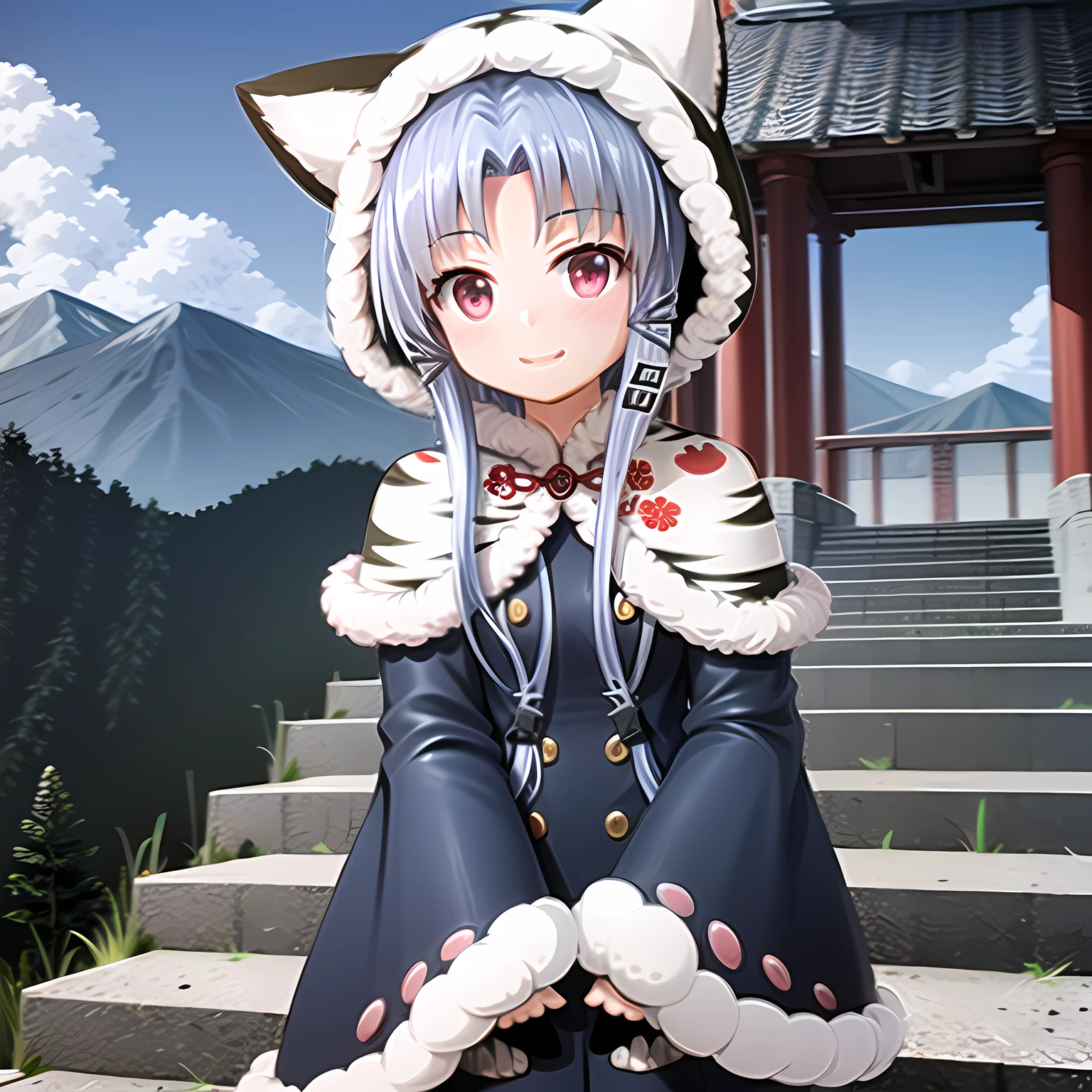 chundef, standing, upper body, smile, blush, outdoors, day, simple background, blue sky, sky, temple, looking at viewer, stairs, mountain, moody lighting, facing viewer,