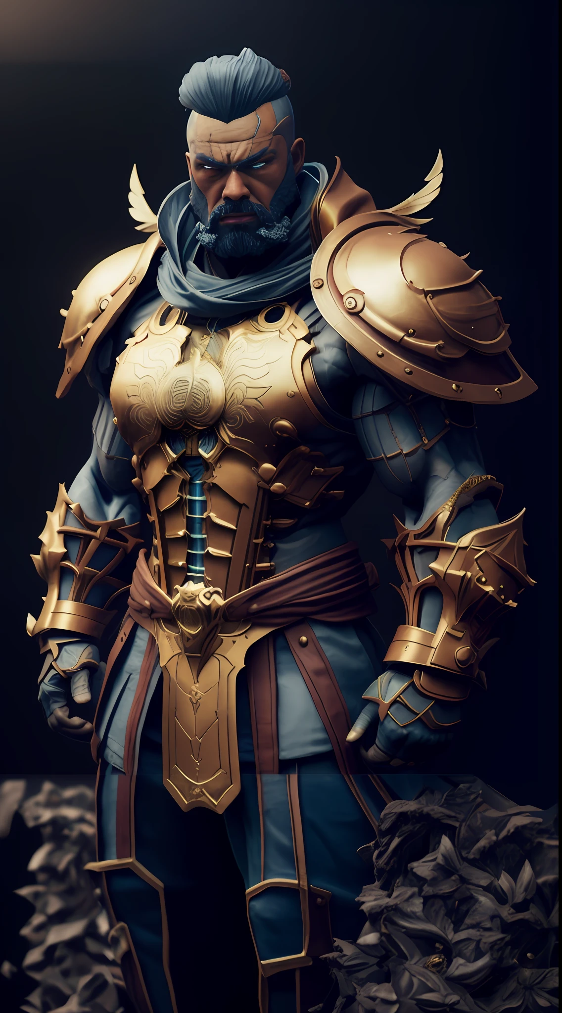 a close up of a statue of a man with armor on, hyperdetailed fantasy character, fantasy character octane render, 3 d render character art 8 k, complex fantasy character, gold heavy armor. dramatic, detailed fantasy armor, fantasy style 8 k octane render, painted in zbrush, fantasy warrior in full armor, artstation masterpiece, colored zbrush render