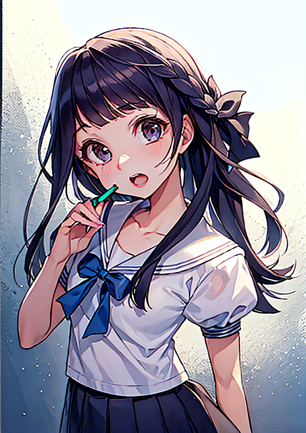 A girl in a school uniform holds a pencil and looks at the camera