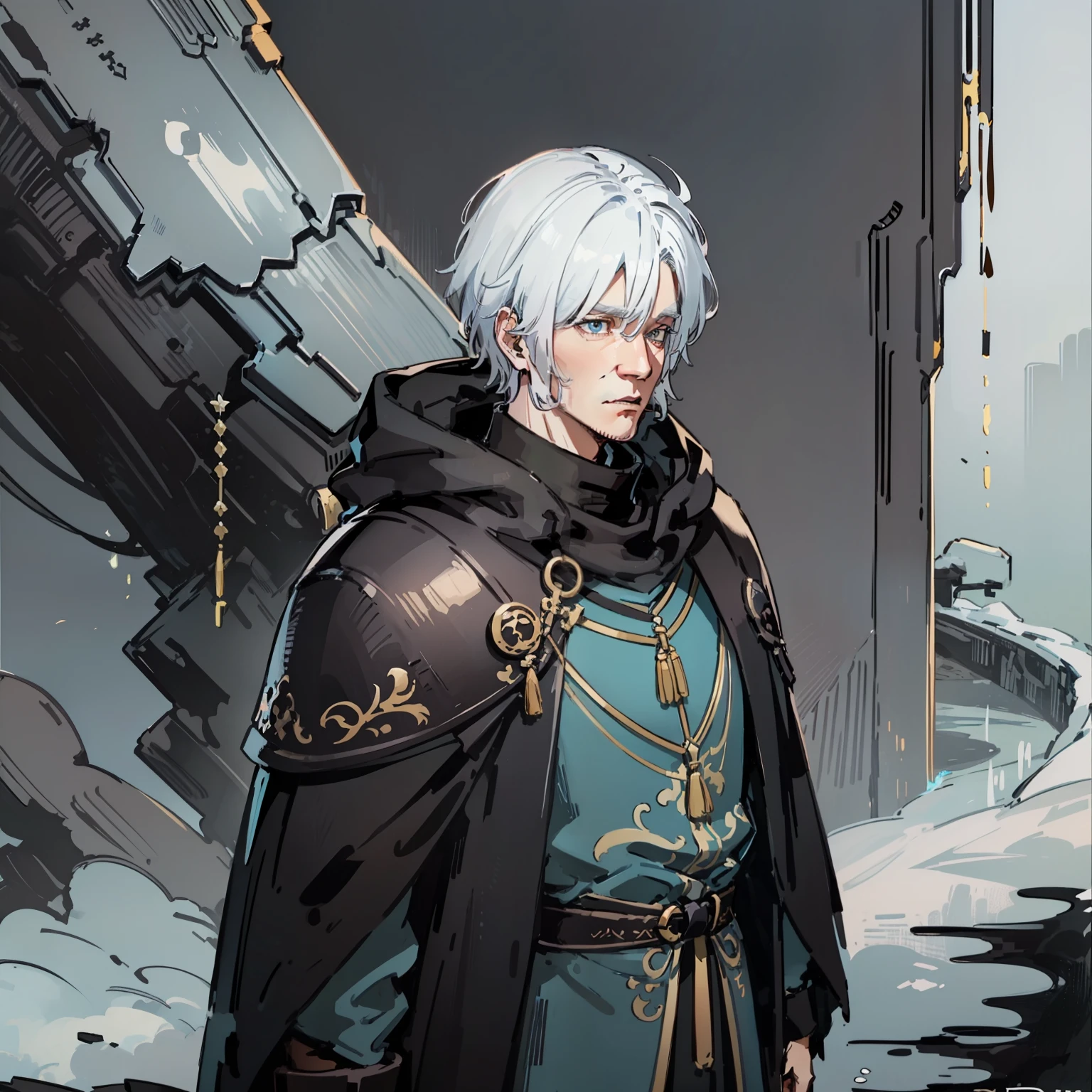 A tall old korean man with short white hair and blue eyes, wearing a black cloak with armor