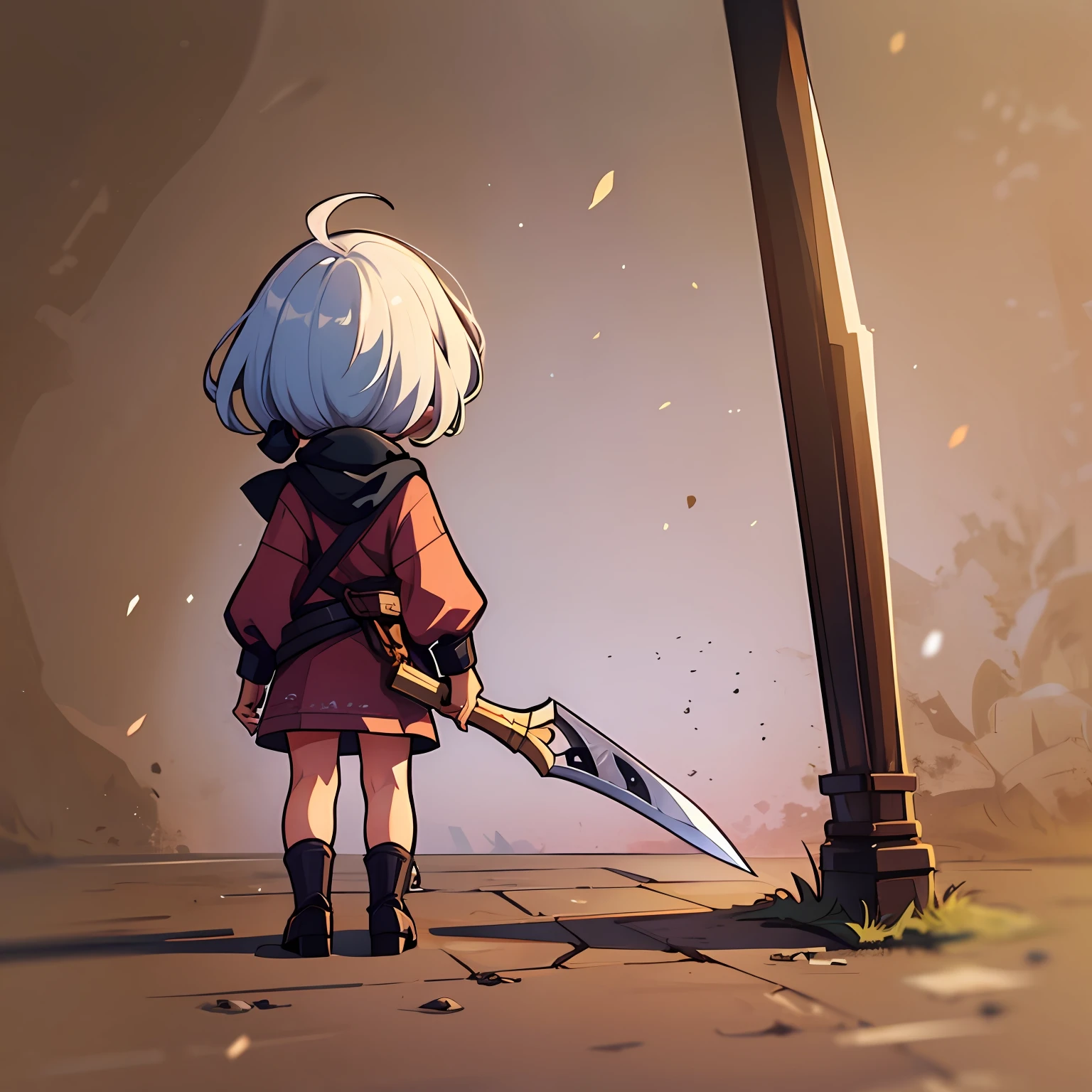Facing away from the lens, (without looking at the lens: 1.5), simple flat background, Blade of the Otherworld, Honmura, Light, Chibi Chara, Solo, Full Body