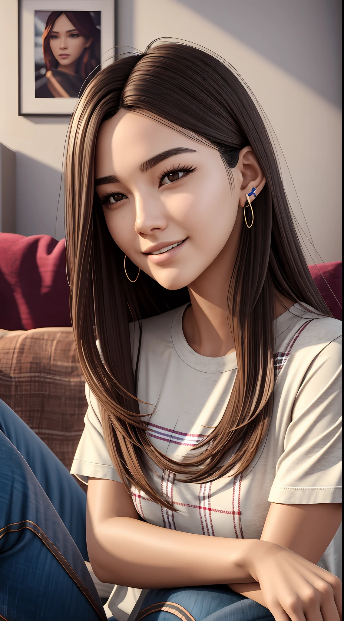 [25-year-old female],[face: round], [eyes: almond eye shape, brown color, thick and curved eyebrow shape], [Nose: Sticky shape, small hole], [Mouth: thick lip shape, Neat teeth], [Chin: Tyre chin shape, Sunken chin], [Hair: Long hairstyle, black color,], [Ears: Small ear shape], [skin: white skin color, Smooth skin texture], [Facial expression: smile], [Activity: Sitting on the sofa in the living room], [Top clothes: T-shirt, all red color, plaid pattern, delicate texture, casual wear style, folded clothing design, well-maintained clothing condition] Professional photograph of a stunning woman detailed, cinematic lightning, octane render, unreal engine, volumetrics dtx