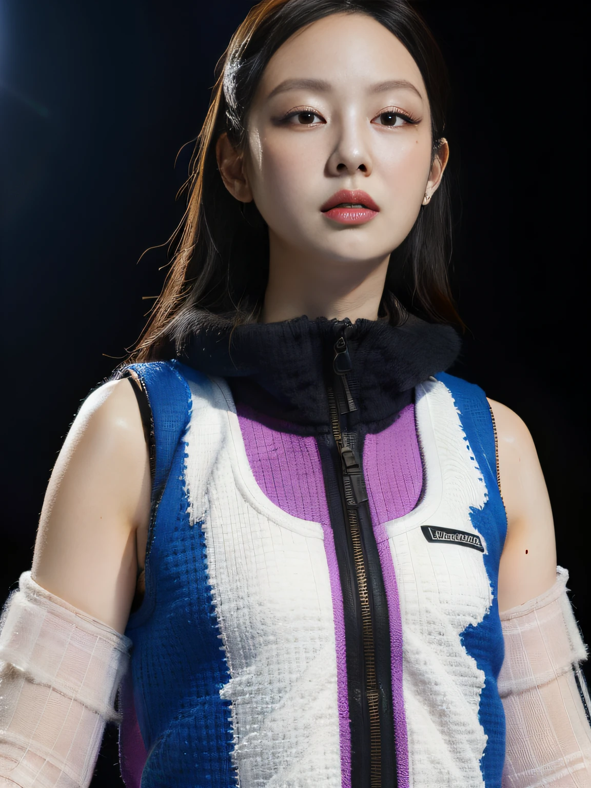 Masterpiece, superlative, realistic, Jennie wearing a trendy football vest, HD, photography lighting, 16k