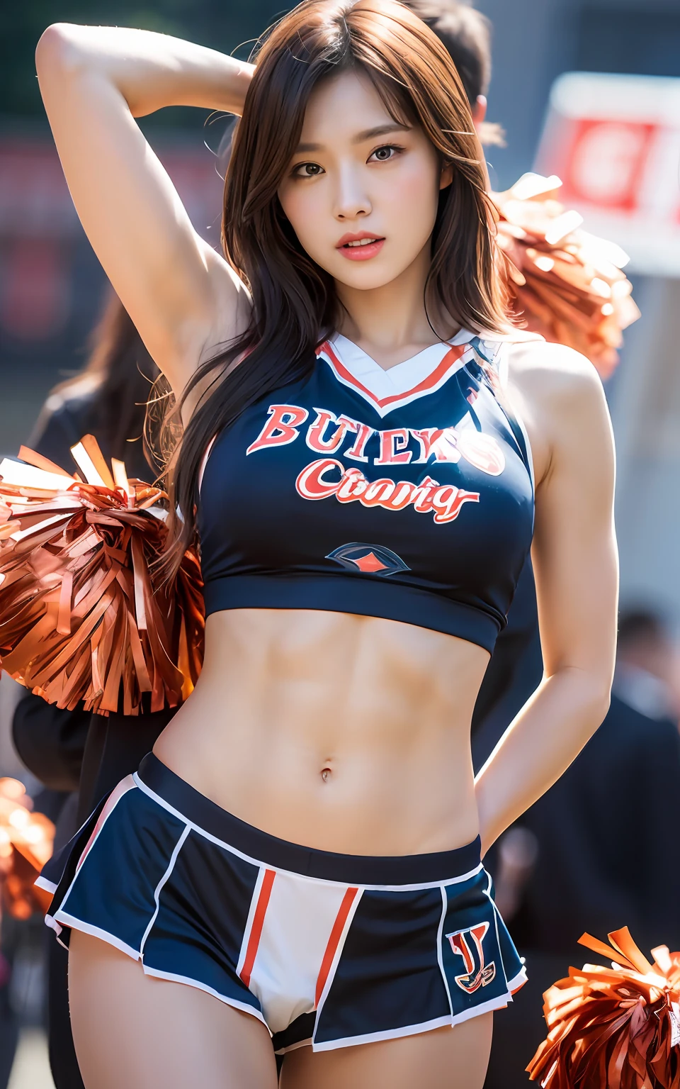 Highly detailed CG Unity 8k wallpaper, top quality, super detailed, masterpiece, realistic, photorealistic, very detailed cute girl, 25 years old, (muscular), abs, round eyes, viewer, blush, parted lips, semi-body shot, (cheerleader) , park , pantie shot