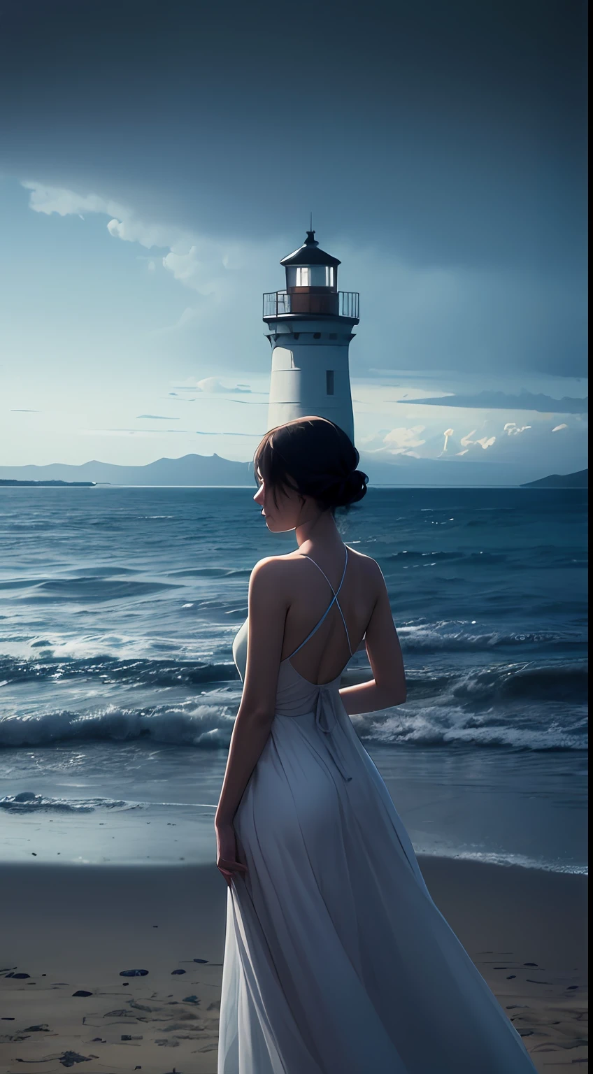 There is a painting on the beach, the painting is a woman with her back to the picture, facing the sea, the sky is cloudy in the distance, there is a lighthouse on the coast, film and television art, film stills, film and television magazines, TV series stills, photo stills, art trends, ethereal stills, movie promotional stills, movie posters, 8K, masterpieces