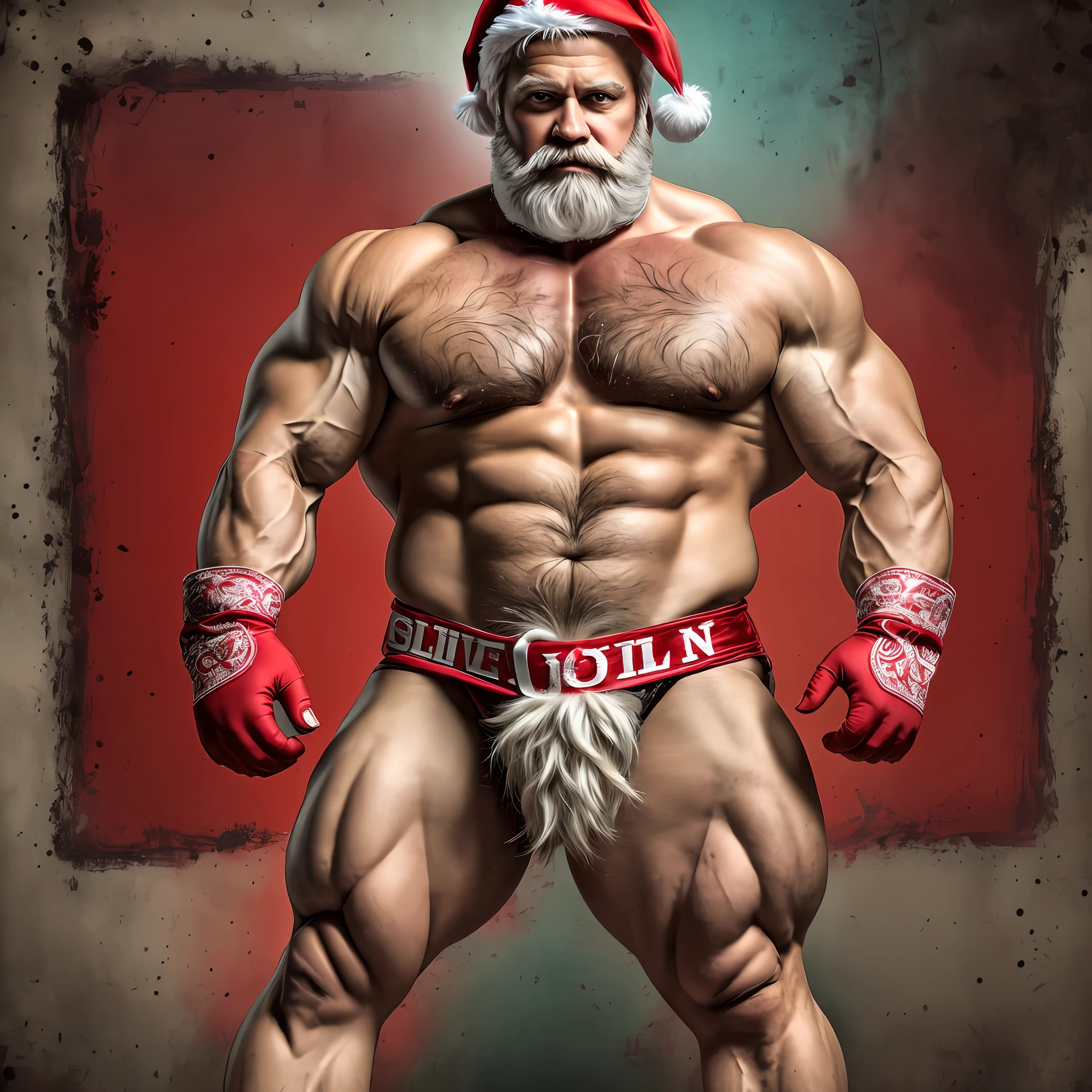 A portrait full body photograph Atractive Santa Claus mid age heavy trucker-driver, red letter gloves, Strong, muscular, hairy big belly bodybuilder, red jockstrap showing very hairy groin area, big bulge epic realistic, photo, faded, neutral colors, ((((hdr)))), muted colors, intricate scene, artstation, intricate details, vignette --auto --s2