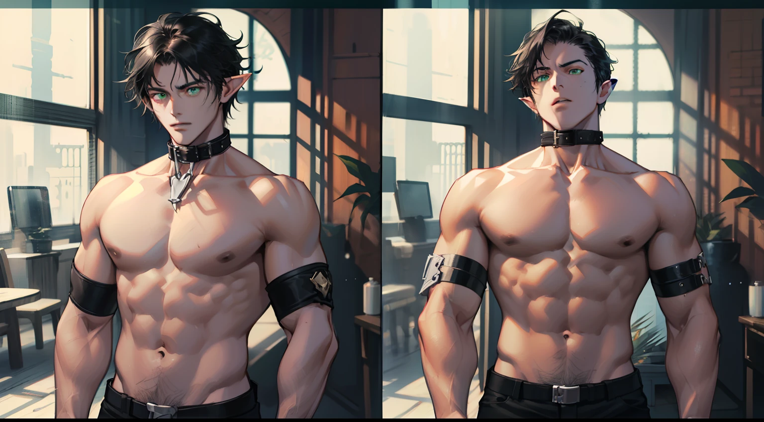 (absurdres, highres, ultra detailed), 1 male, (26 years old) elf adult, handsome, tall slender guy, narrow eyes, narrow shoulders, finely detailed eyes and detailed face, messy shaggy black hair, side bangs, bangs, green eyes, sexy twink, shirtless, final fantasy , slave collar, full body shot, submissive pose expression, defiant pose expression