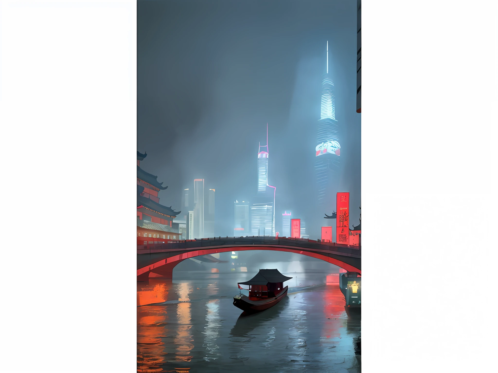 arafed boat on a river with a bridge and a city in the background, like a scene from blade runner, by John La Gatta, reminiscent of blade runner, city mist softlight, shanghai, misty mood, foggy lights, misty night, foggy ambience, by Li Tiefu, shanghai city, by Liang Kai, chinese new year in shanghai