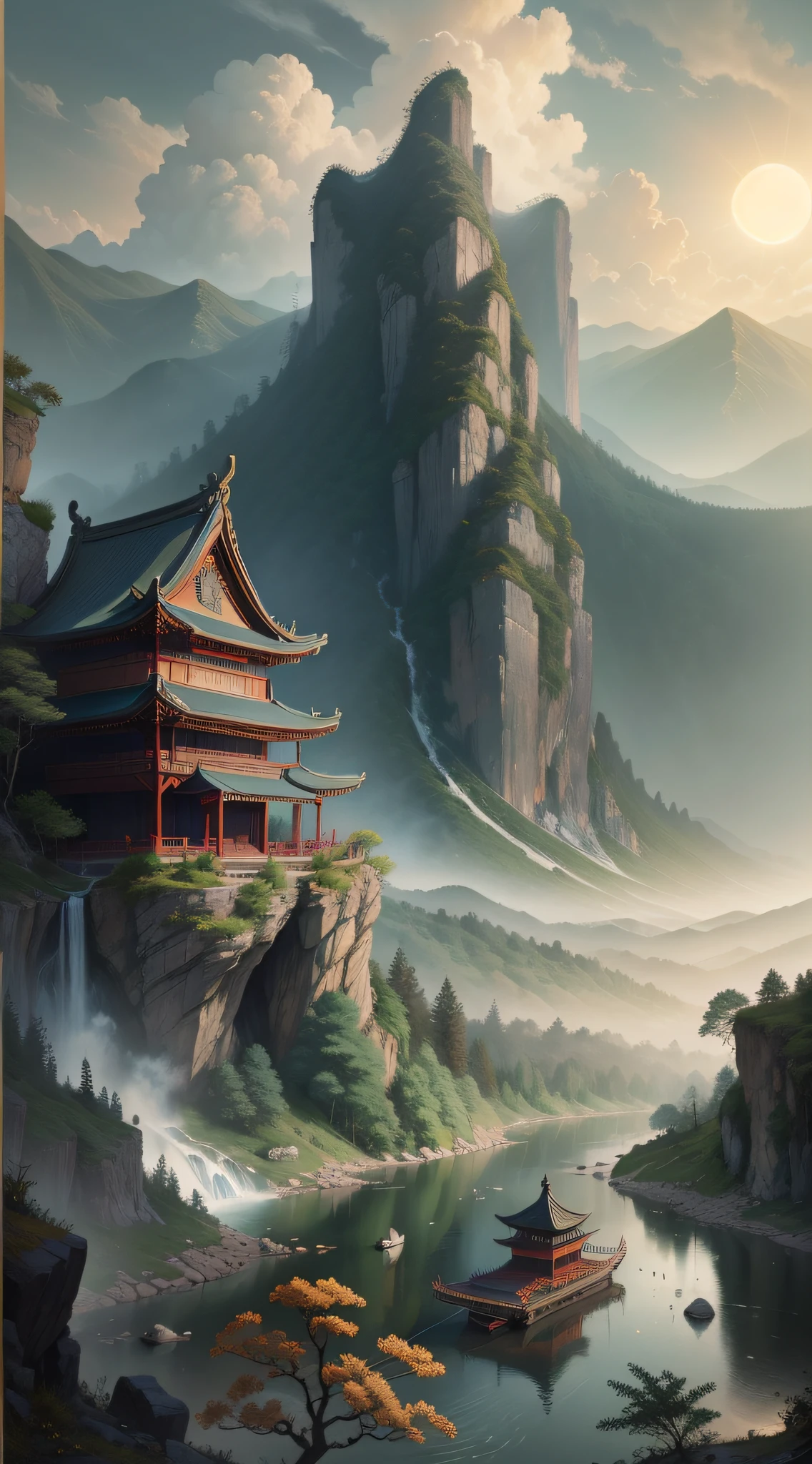 An ancient Chinese painting, ancient Chinese background, mountains, rivers, auspicious clouds, pavilions, sunshine, masterpieces, super detail, epic composition, ultra HD, high quality, extremely detailed, official art, unified 8k wallpaper, Super detail, 32k -- v 6