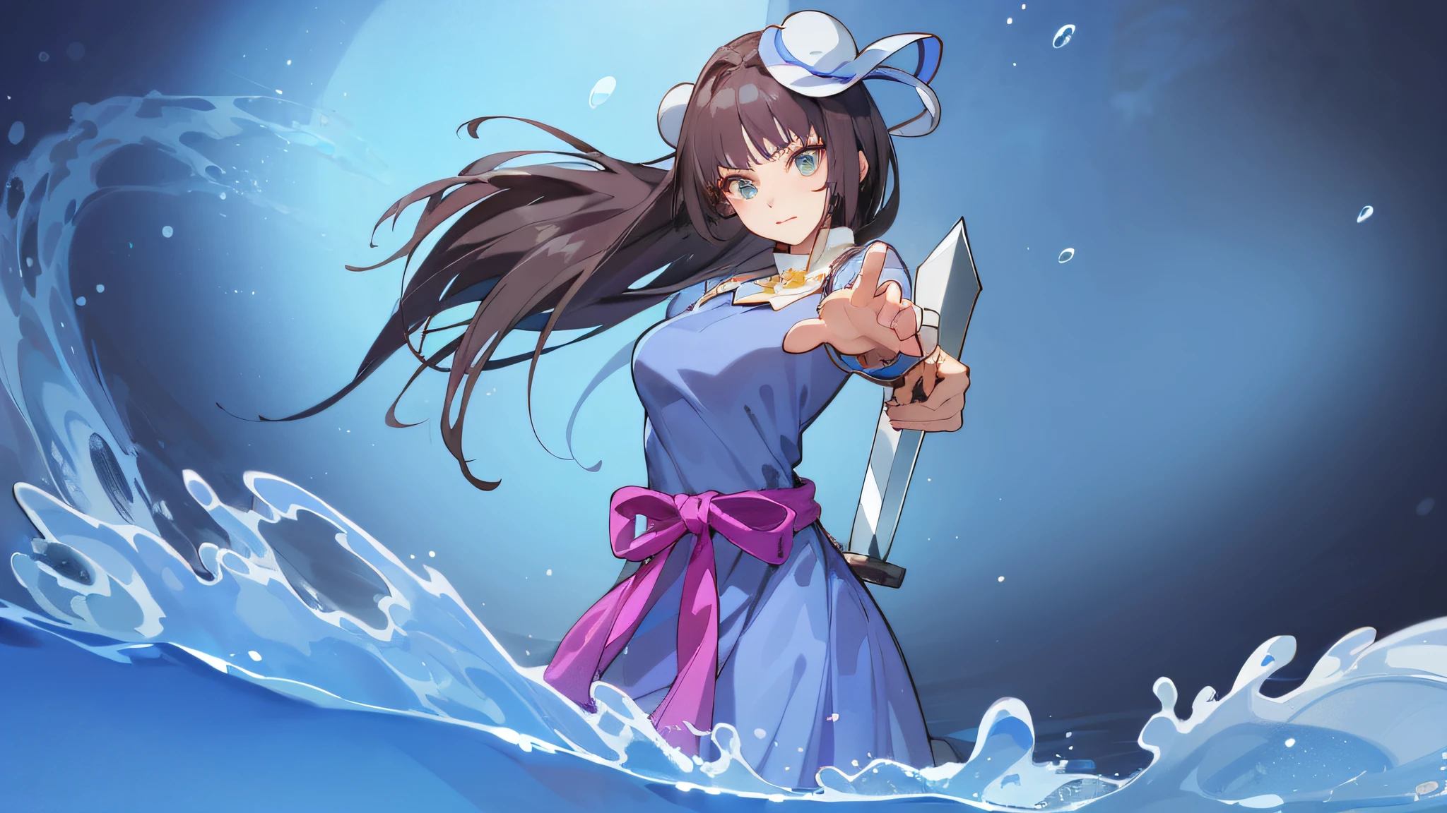 anime girl in a blue dress holding a knife in the water, marin kitagawa fanart, anime girl walking on water, game art!!, anime moe artstyle, natalie from epic battle fantasy, chun li, asian female water elemental, advanced digital anime art ”, juri misaki, maya fey from ace attorney, inspired by Tsubasa Nakai, from touhou