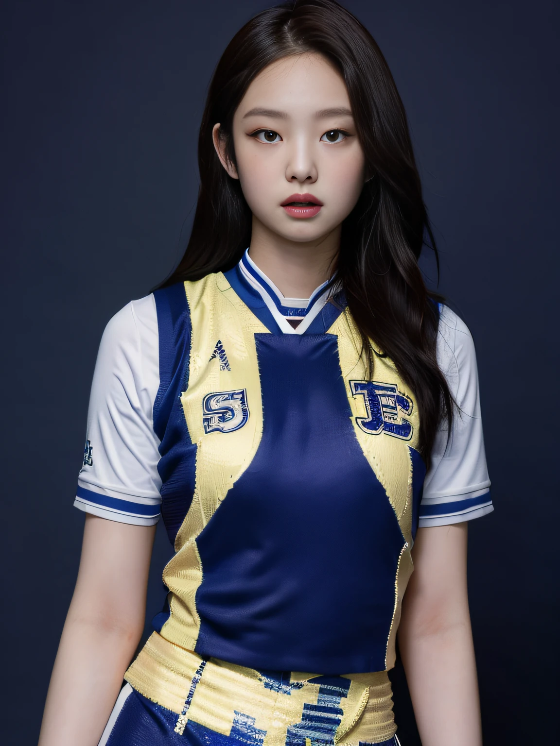 Masterpiece, superlative, realistic, Jennie wearing trendy football uniform, vest, HD, photography lighting, 16k