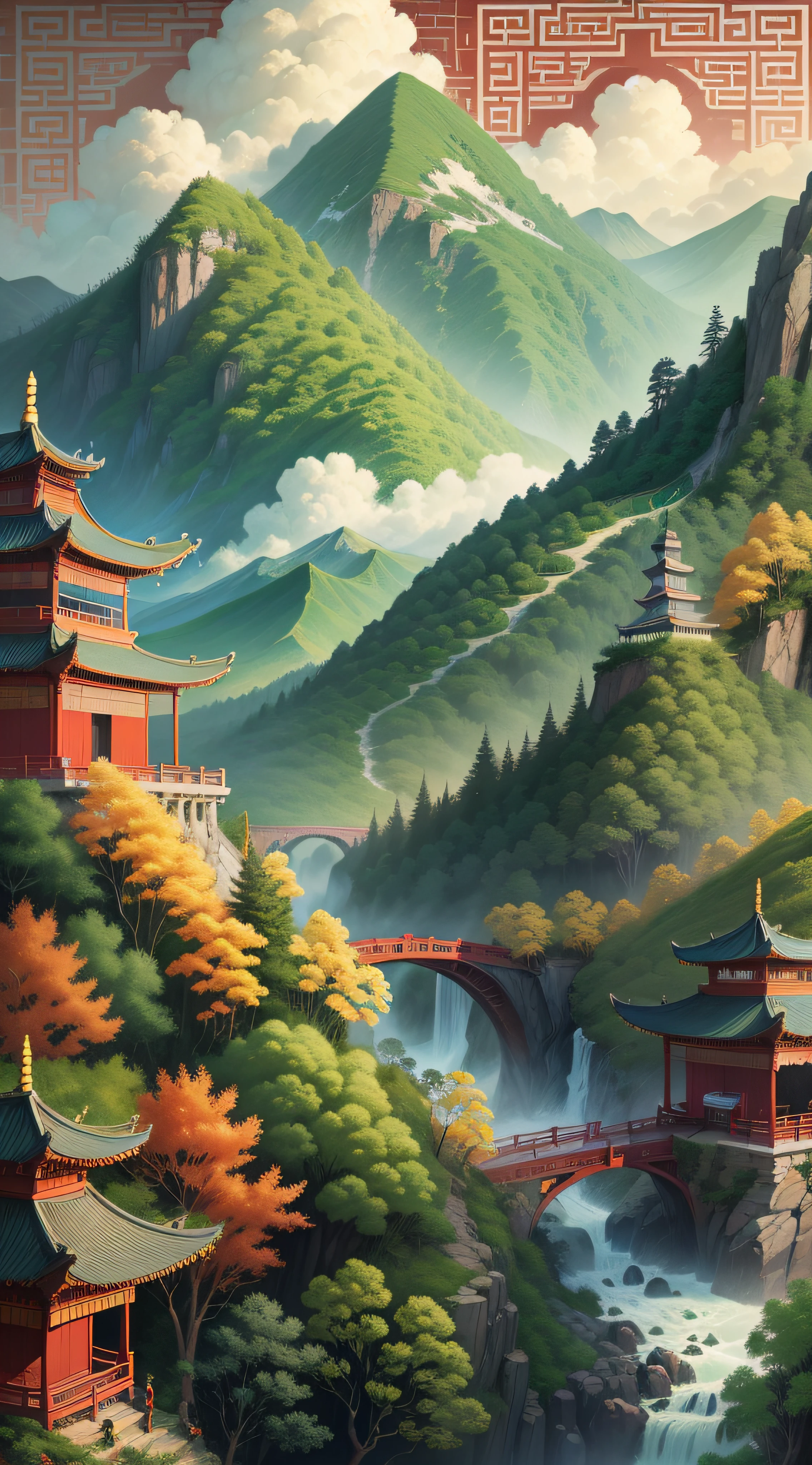 An ancient Chinese painting, ancient Chinese background, mountains, rivers, auspicious clouds, pavilions, sunshine, masterpieces, super detail, epic composition, ultra HD, high quality, extremely detailed, official art, unified 8k wallpaper, Super detail, 32k -- v 6
