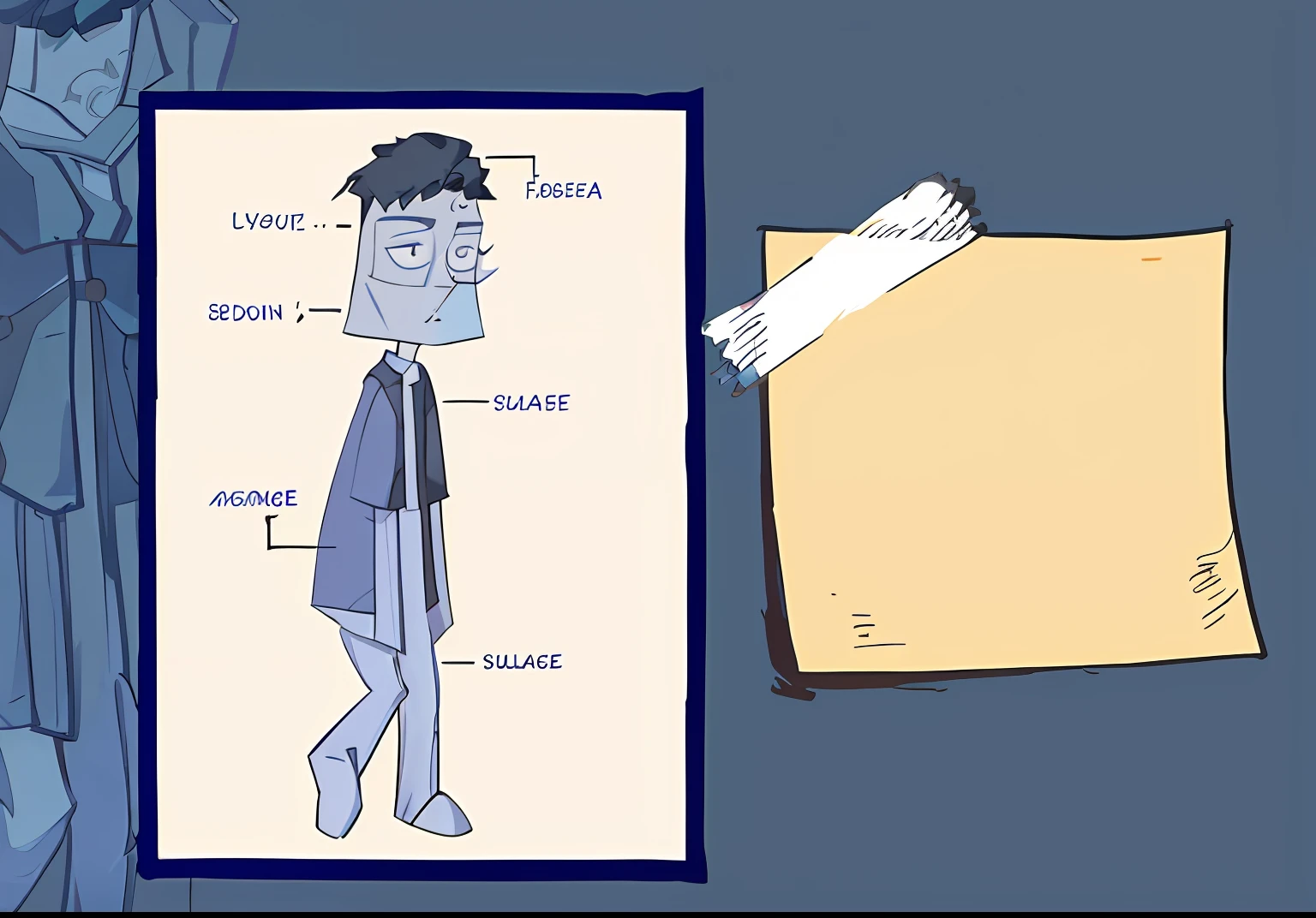 There is a cartoon of a man with gray black hair, 2D illustration, 2D illustration, animated character design, character design human figure, detailed 2D illustration, [forgetfulness], unrealistic character concept, merge characters, 2D cartoon, 2D cartoon, animated character, skin concept, detailed character, tips: fragile character sullen , blue shirt, octopus image
