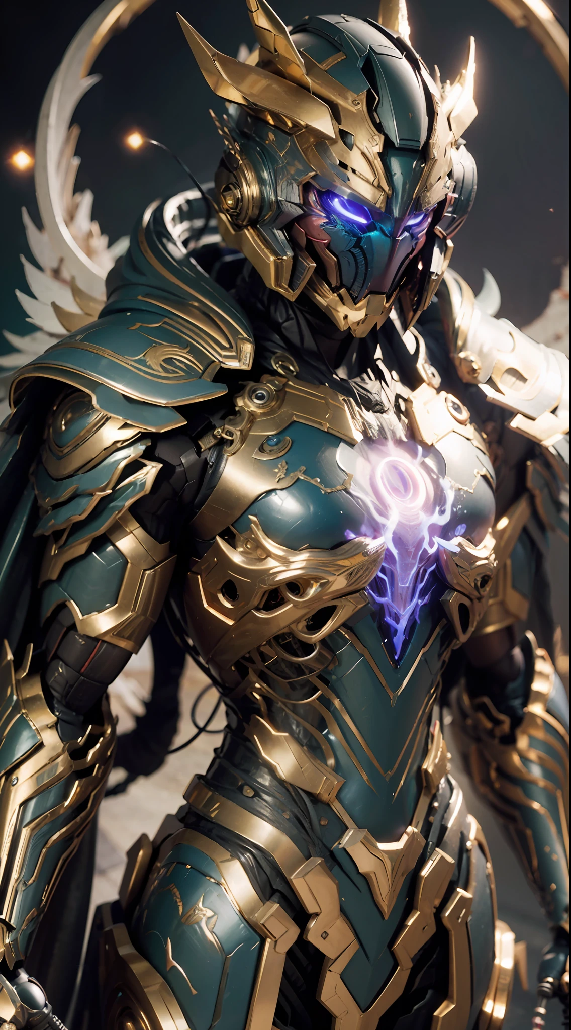 A Dragon Emperor in the Milky Way, Sun Surface on background, Golden Saint Seiya limb armor, (Cloak), (Dragon symbol: 1.5), (Gundam Exia: 1.5), (Mecha) (Mechanical) (Armor), (Open leg: 1.3), Perfect, (Wide Angle), (Black background: 1.6), Best Quality, Masterpiece, Super Resolution, (Reality: 1.4), Crazy Details, Unrealistic Engine Style, Boca Effect, David La Chapelle Style Shots, Bioluminescence palette: light blue, light gold, pale pink, bright white, wide angle, ultra-fine, cinematic still life, vibrant, Sakimichan style, perfect eyes, highest image quality 8K, inspired by Harry Winston, Canon EOS R 6 masterpiece "Chaos 50,--, under eye mole, ray tracing, surrealism, textured skin --s2