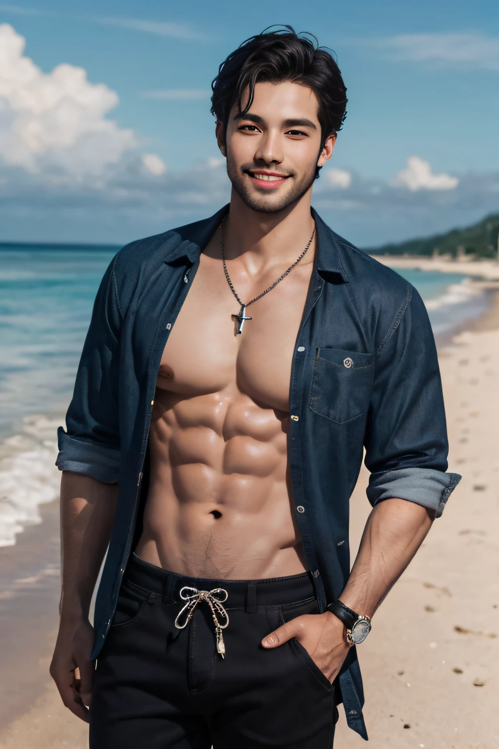 Realistic, (masterpiece, top quality, best quality, official art), very detailed, colorful, most detailed, god, short hair, black hair, handsome man, sea, necklace, beach, pectorals, abs, beach pants, dark skin, blue eyes, handsome smile,