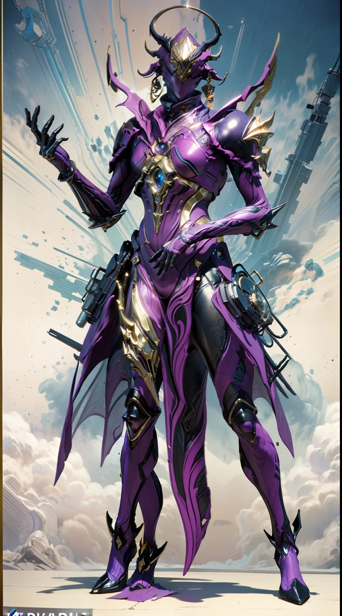 solo, super fine photo, full body picture Unreal Engine 5 8K UHD, male, magenta and blue violet color scheme armor, details, light purple tattoo details, faceless with one shiny orb, 4 horns, long arms, best quality, masterpiece, official art, unified 8k wallpaper, ultra detailed, sharp focus, dynamic pose, body parts, concept character design art