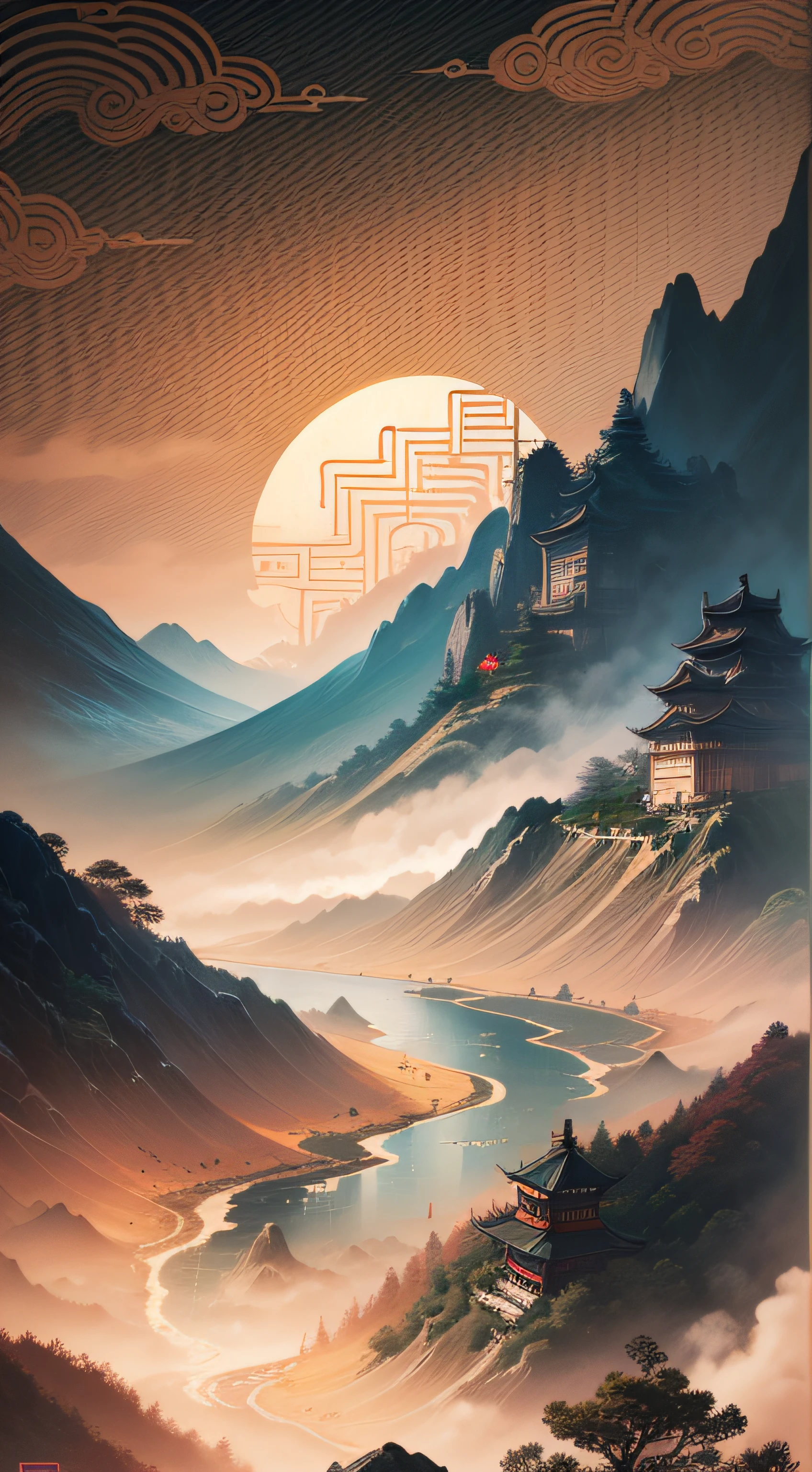 An ancient Chinese painting, ancient Chinese background, mountains, rivers, auspicious clouds, pavilions, sunshine, masterpieces, super detail, epic composition, ultra HD, high quality, extremely detailed, official art, unified 8k wallpaper, Super detail, 32k -- v 6