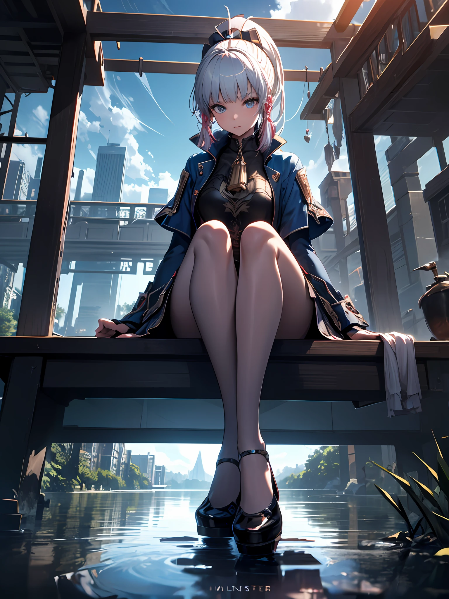 {{Masterpiece}}, illustration, best quality, extremely detailed CG Unity 8k wallpaper, 1 girl, white hair, ponytail, long hair, dress, sitting in the lake, sky, reflection,