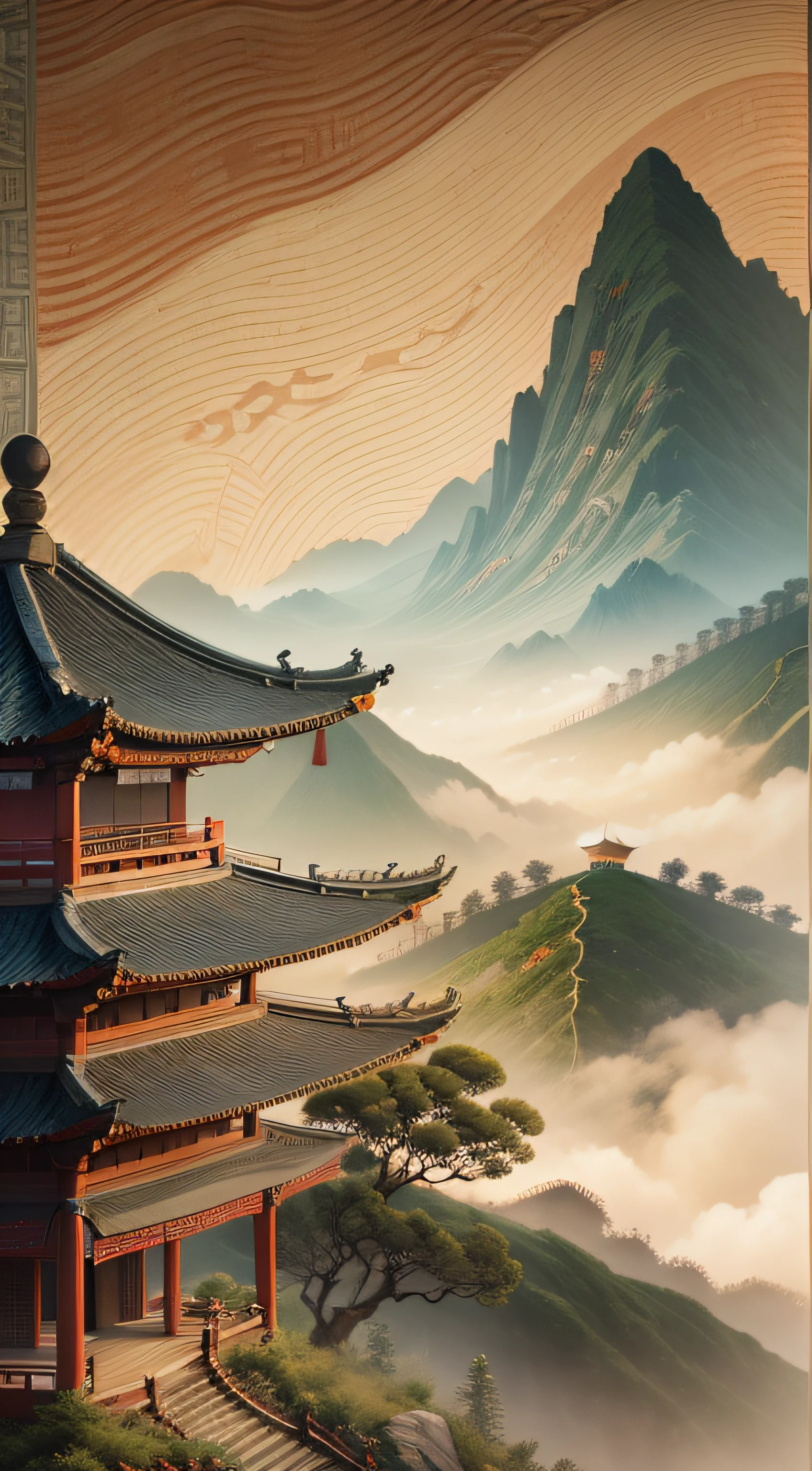 An ancient Chinese painting, ancient Chinese background, mountains, rivers, auspicious clouds, pavilions, sunshine, masterpieces, super detail, epic composition, ultra HD, high quality, extremely detailed, official art, unified 8k wallpaper, Super detail, 32k -- v 6