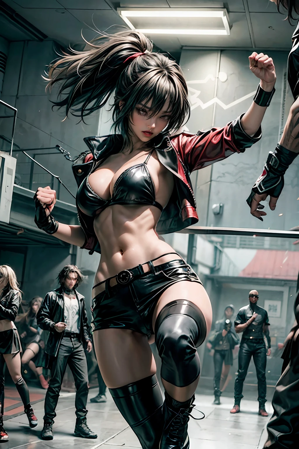 One girl, cute, cyberpunk, red leather jacket, thick leather belt, black leather bikini, cleavage, split abs, black leather long boots, black leather fingerless gloves, dark brown hair, short hair, bob hair, bangs, green eyes, exquisite eyes, beautiful eyes, dynamic poses, manga style, from fierce fights to carefree moments, Depict groups of characters in various action scenes, with dramatic speed lines and bold effect lines, to capture the excitement and energy of the story, punching, chopping, high kicking, jumping kicks, spinning kicks.