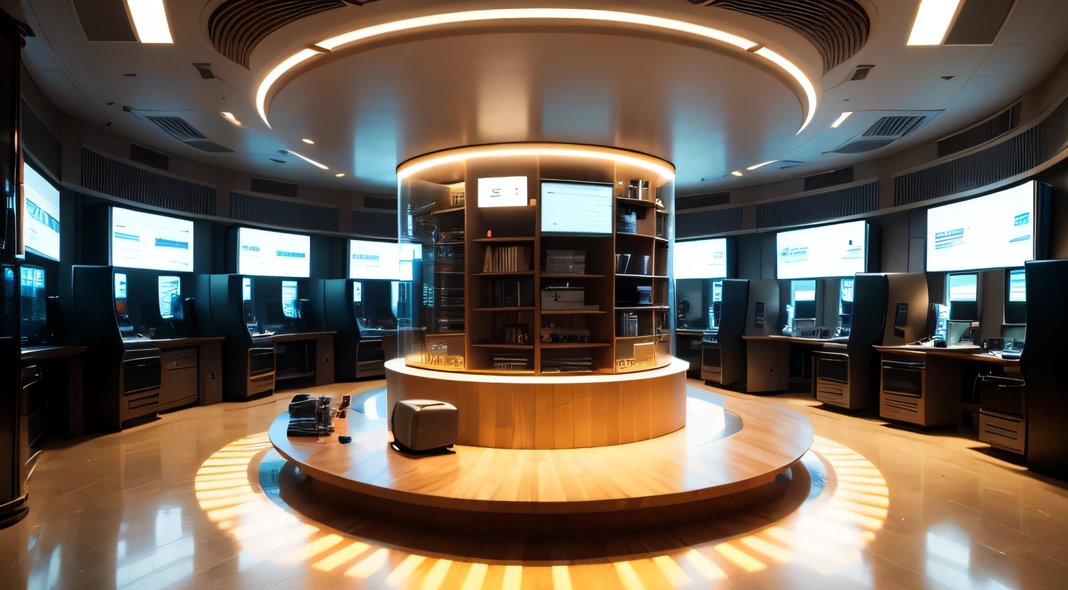 A sense of future technology, Round office, In the middle is a large jar of transparent glass, There are a lot of electronic screens, Cool lighting effects, White sheet metal wall, Futuristic sense of technology, light and shade contrast, cinemaitic lighting, modernistic, ultra-wide angle --auto
