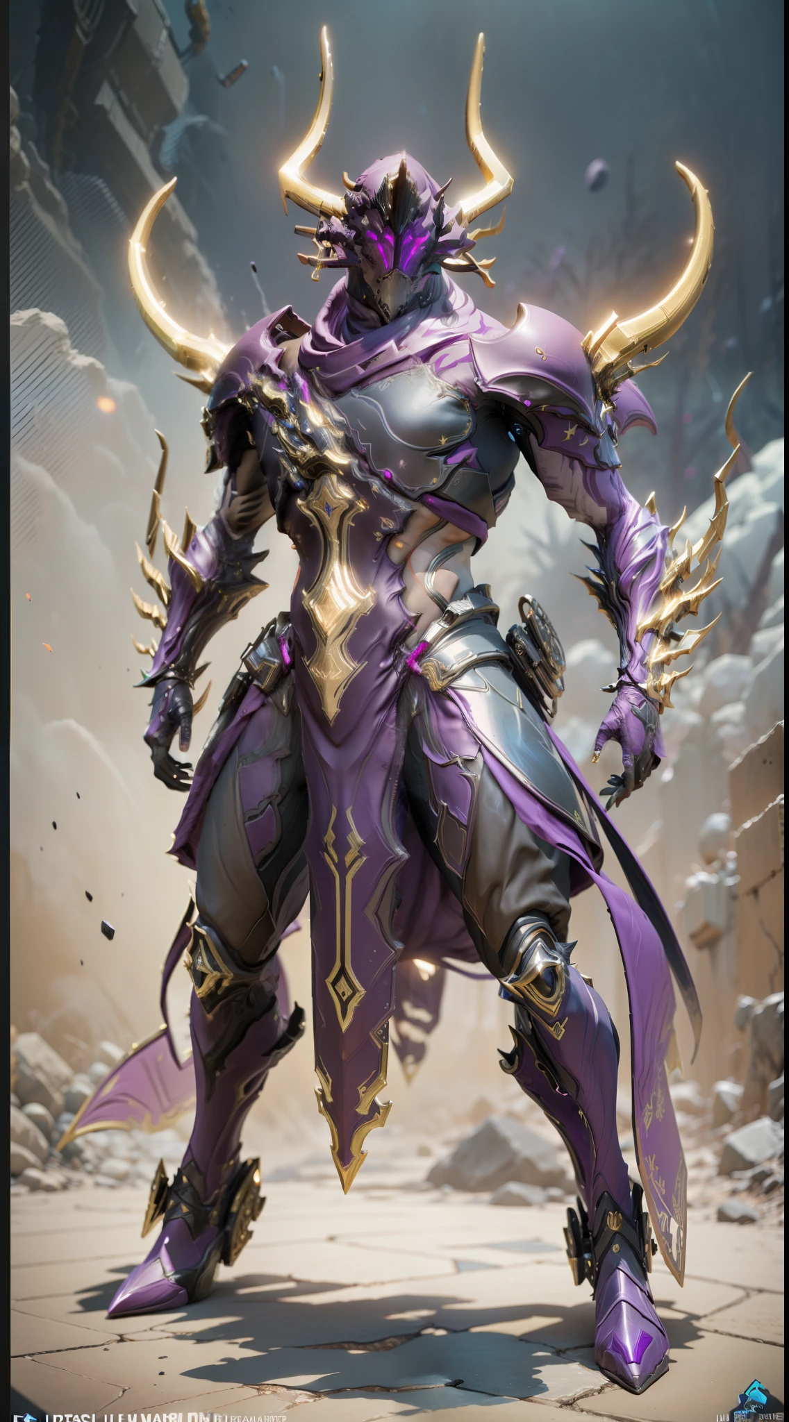 solo, super fine photo, full body picture Unreal Engine 5 8K UHD, male, magenta and blue violet color scheme armor, details, light purple tattoo details, faceless with one shiny orb, 4 horns, long arms, best quality, masterpiece, official art, unified 8k wallpaper, ultra detailed, sharp focus, dynamic pose, body parts, concept character design art
